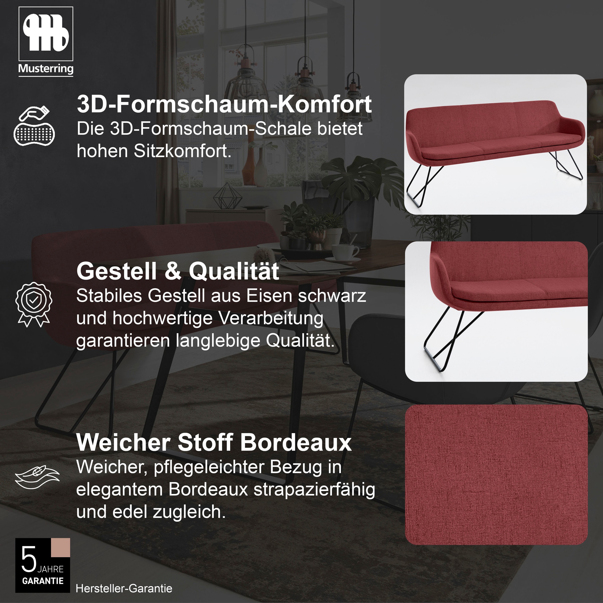 Essbank MUSTERRING "Tavia", rot (bordeaux, schwarz), B:200cm H:87cm T:66cm, 100% PES, Sitzbänke, Essbank, Schlittengestell in drei Ausführungen, Breite 180, 200 oder 220 cm 2