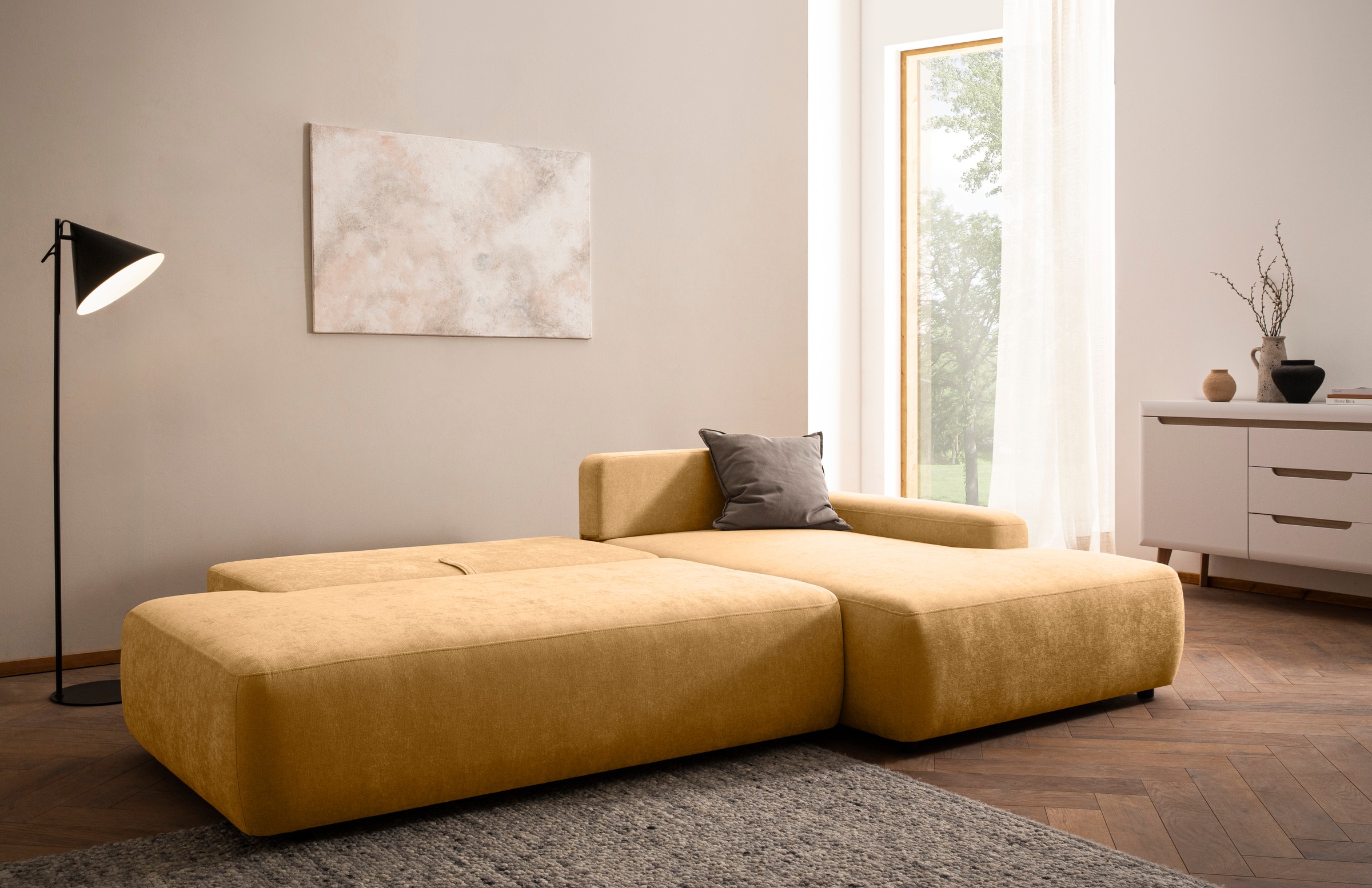INOSIGN Ecksofa »TORGE, Schlafsofa Cord, Samtvelours u. Strukur fein, Couch in L-Form«, Schlaffunktion und Bettkasten, Liegefläche: 210x125 cm, neues Design