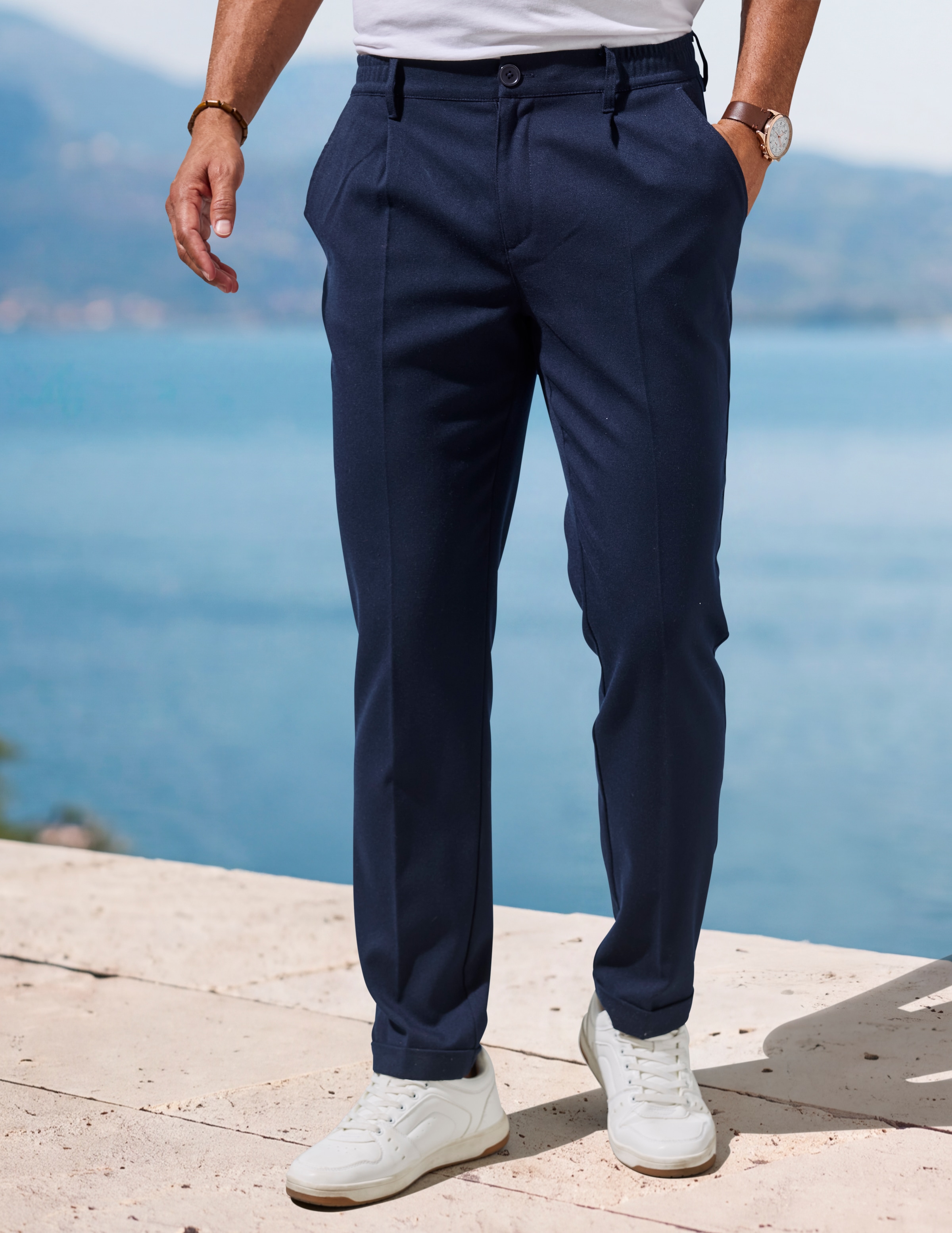 H.I.S Stoffhose ", Dehnbundhose mit Bundfalten und umgeschlagenem Saum" mit elastischem Bund und Bügelfalten