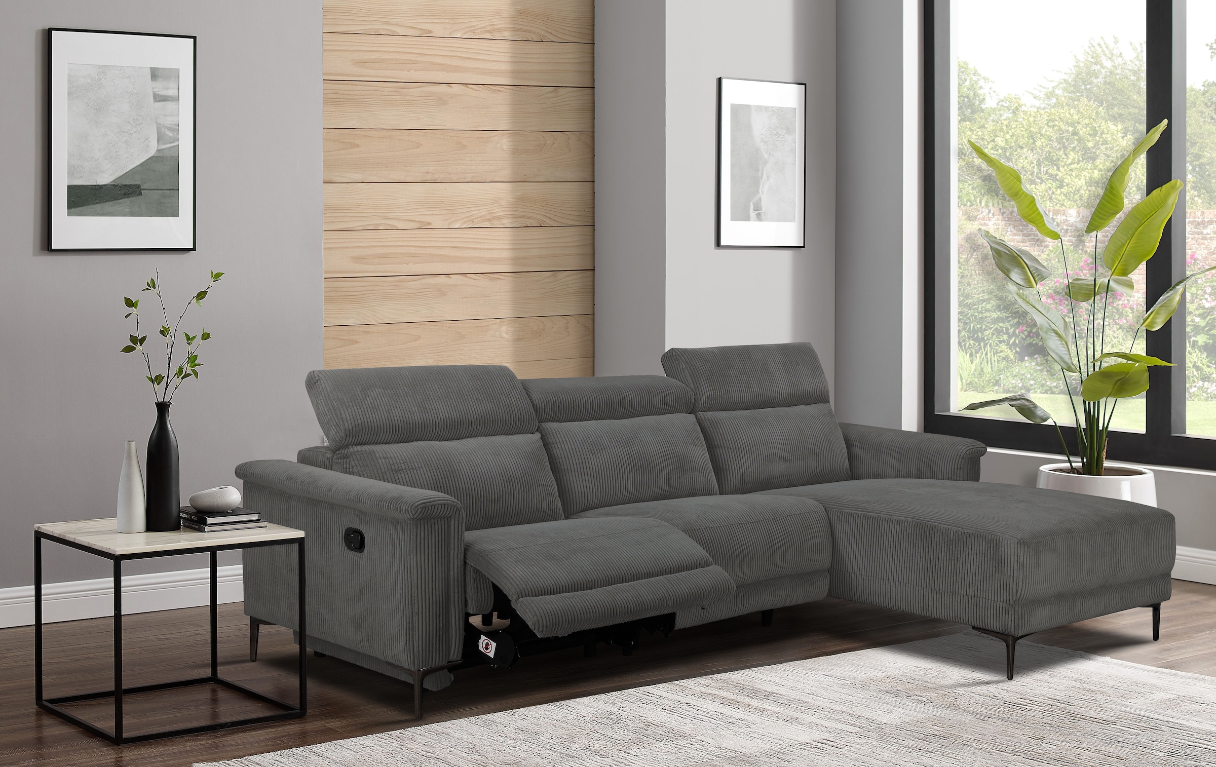 OTTO home Ecksofa "LUND Cord, L-Form, 261 cm, man. o. elektr. Relaxfunktion (mit USB-A)" mit USB A-Anschluss bei elektrischer Variante und Kopfteilverstellung
