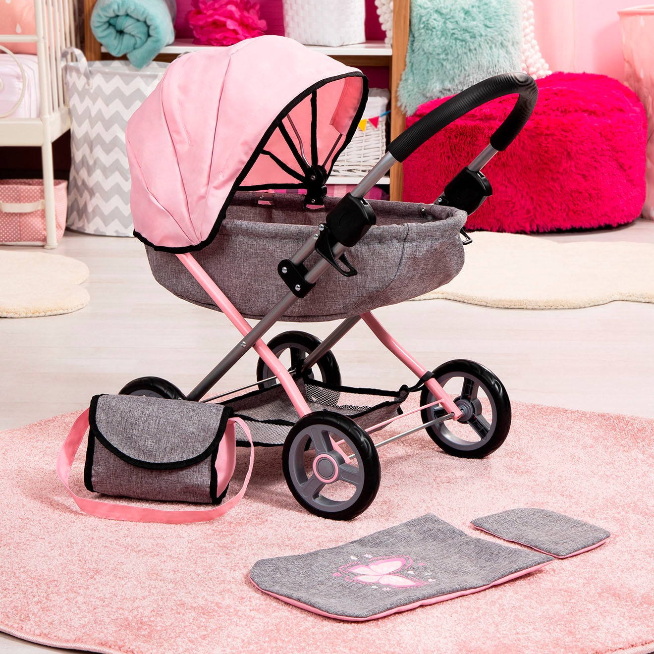 Bayer Puppenwagen »Cosy, grau/rosa«, mit Wickeltasche