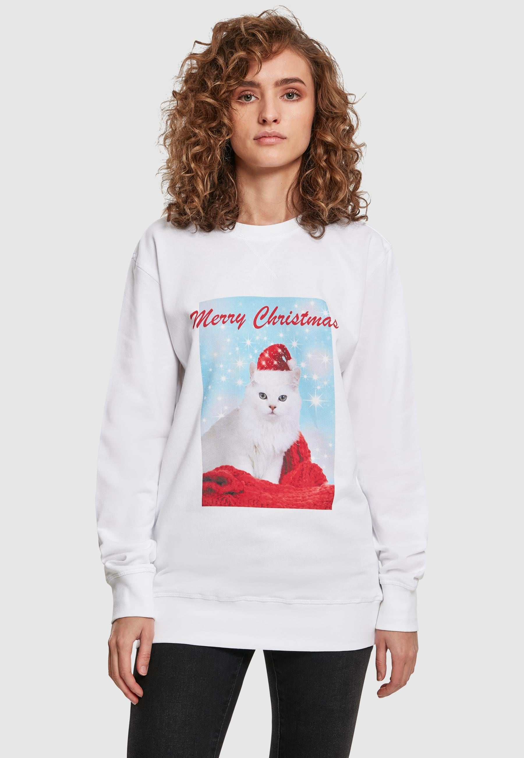 MisterTee Sweater »MisterTee Damen Ladies Merry Christmas Cat Crewneck«