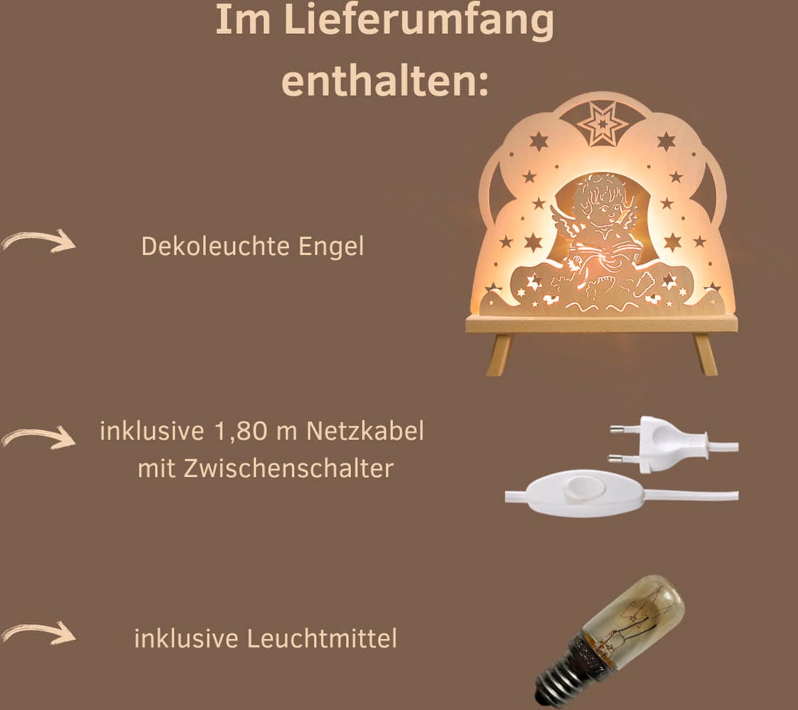 Weigla Lichterbogen »Engel in Wolke, Dekoleuchte aus Holz, NATUR«, Erzgebirge garantiert, Weihnachtsdeko Innen, Weihnachtsbeleuchtung