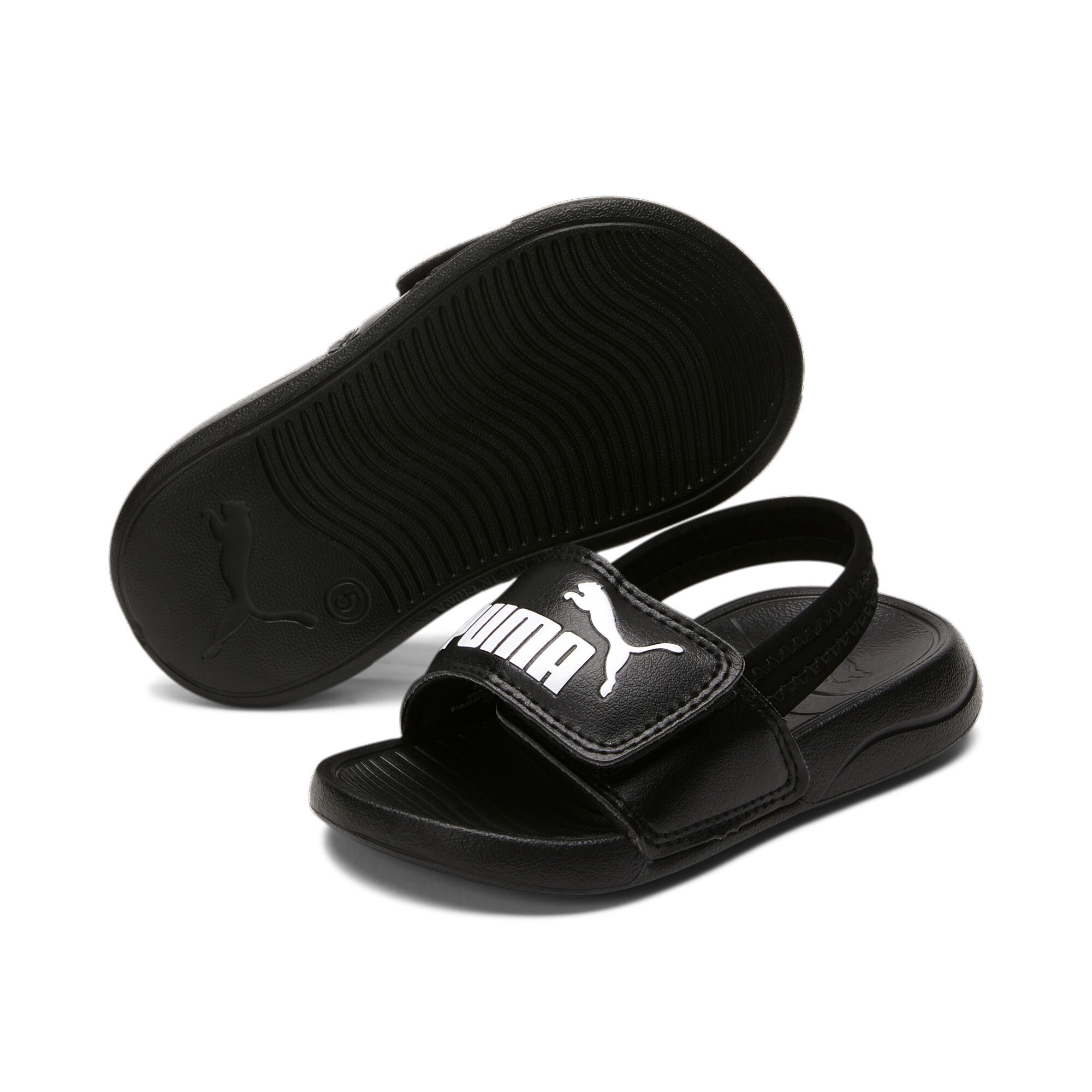 Badesandale PUMA "POPCAT 20 BACKSTRAP AC INF", Mädchen, Gr. 25, schwarz (puma schwarz, puma weiß), Synthetik, unifarben, Schuhe Sandale, mit gepolstertem Front-Strap und Fersenriemen, aus Synthetik