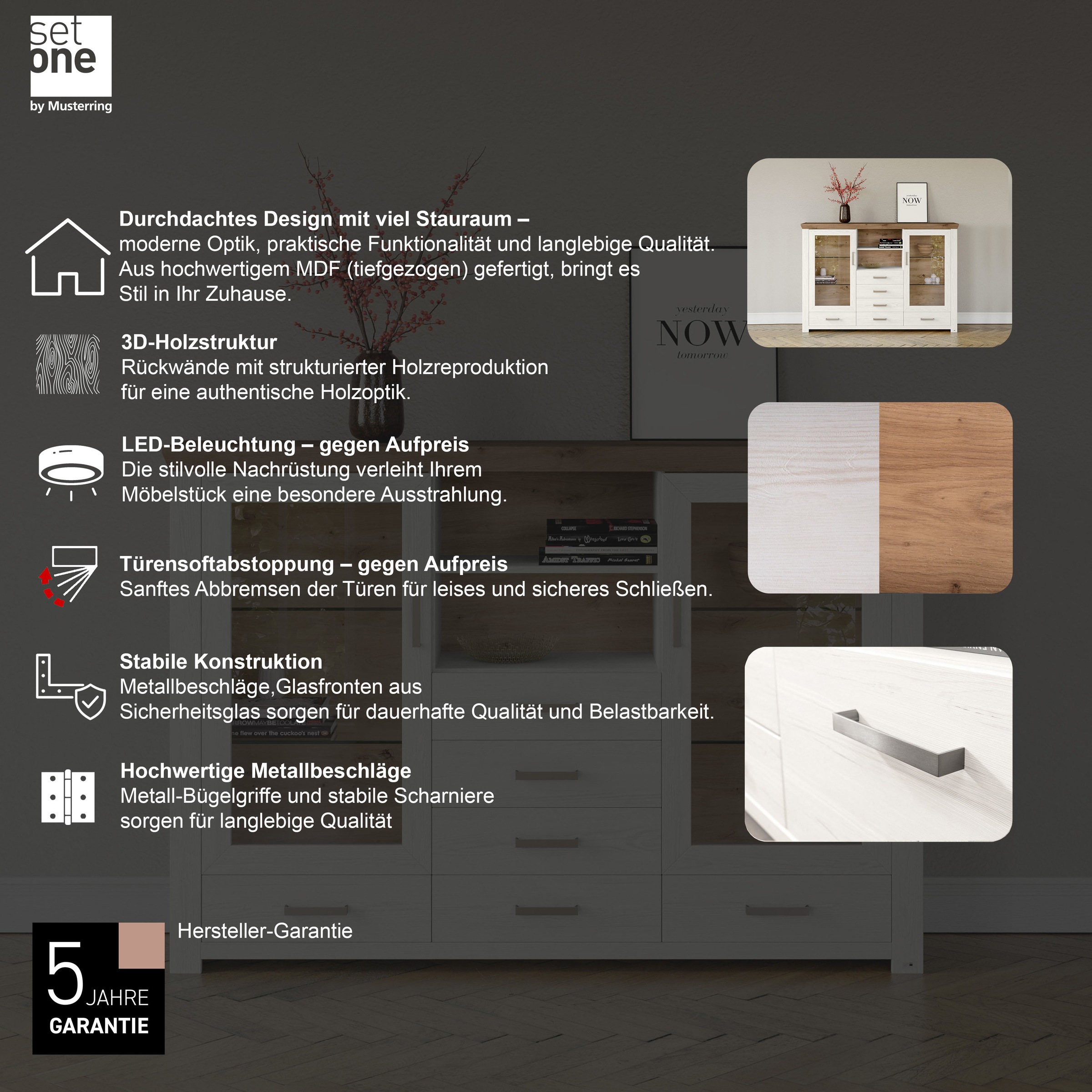 set one by Musterring Highboard »York«, Typ 56, mit Glastüren, Beleuchtung optional, B 184 cm