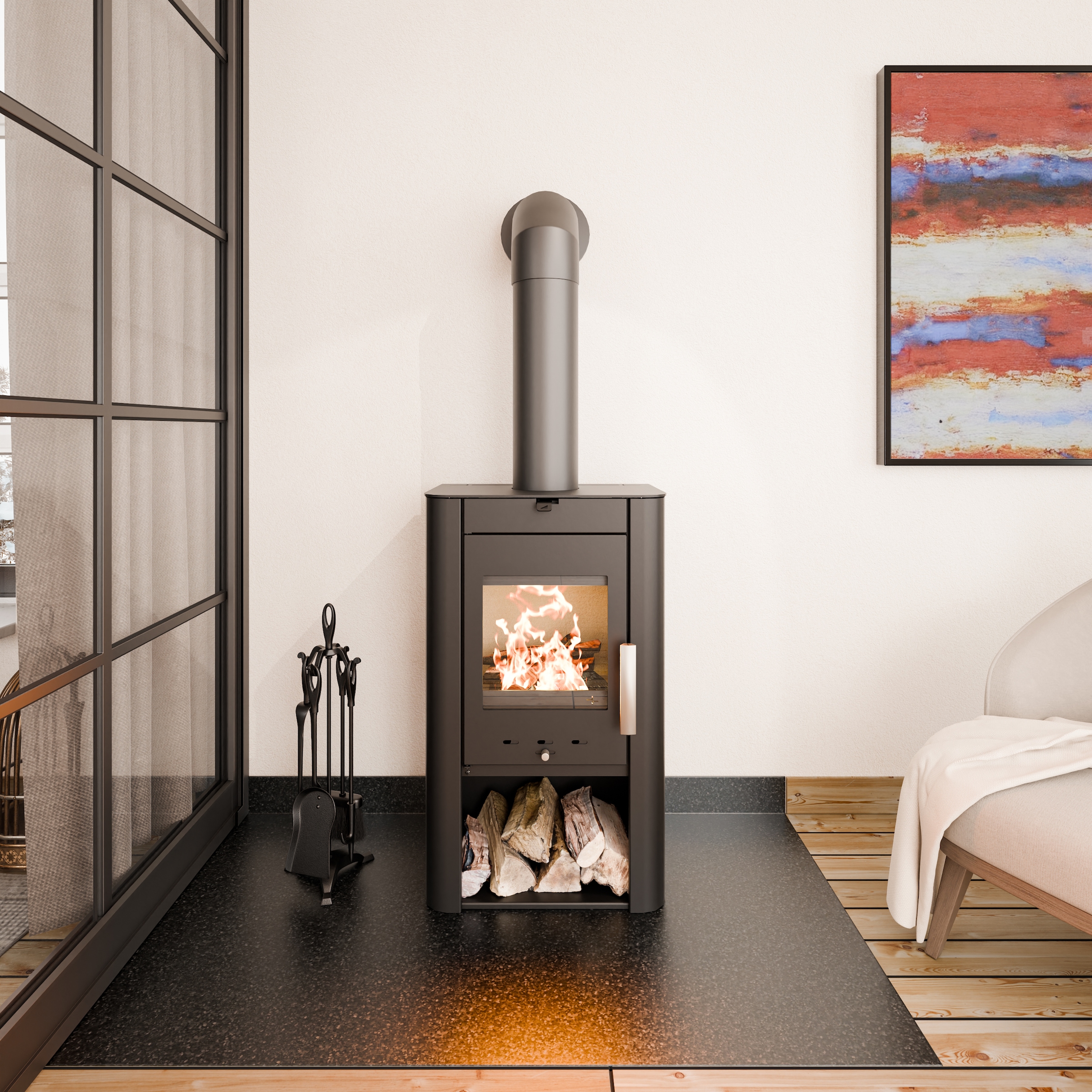 Haas + Sohn Kaminofen »PRUNUS II Stahl tief-schwarz, mit Holzfach«
