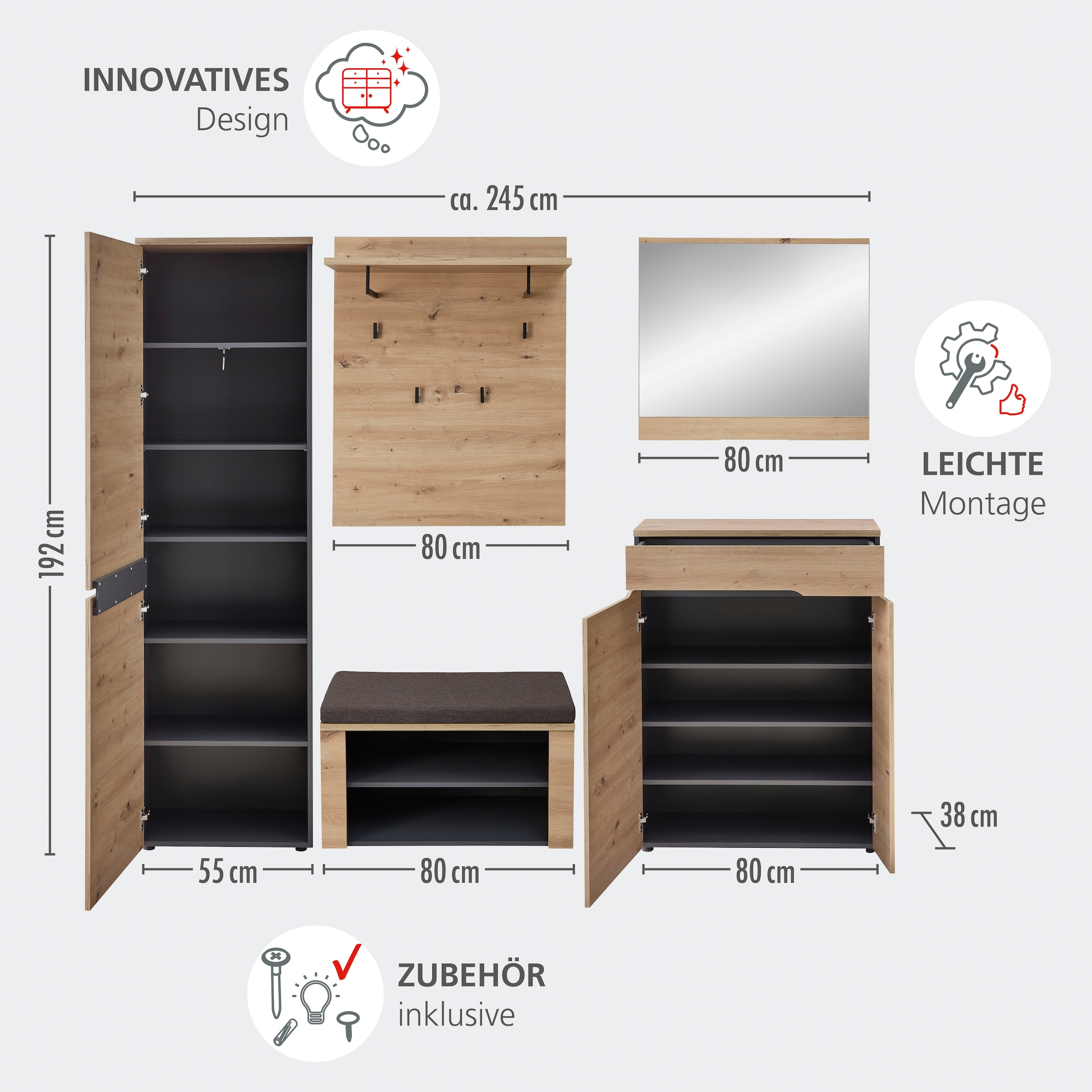 OTTO home Regal »Fargo Garderobenpaneel, 80x100x30cm (B/H/T)« 1 Stk. tlg. 4 Haken, Ablage, Kleiderstange