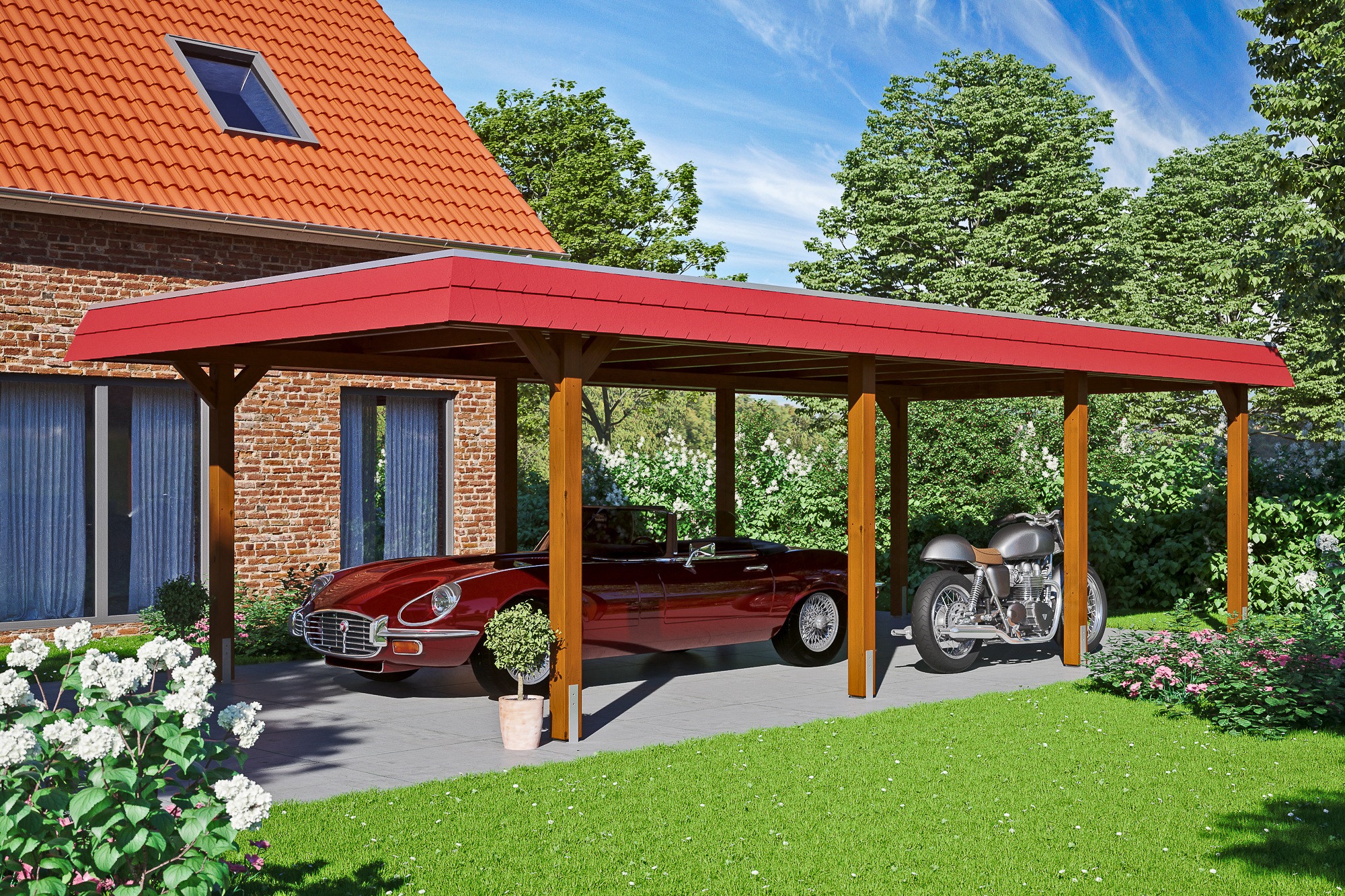 Skanholz Einzelcarport »Wendland«, Leimholz-Fichte, 341 cm, Nussbaum, mit Aluminiumdach, rote Blende