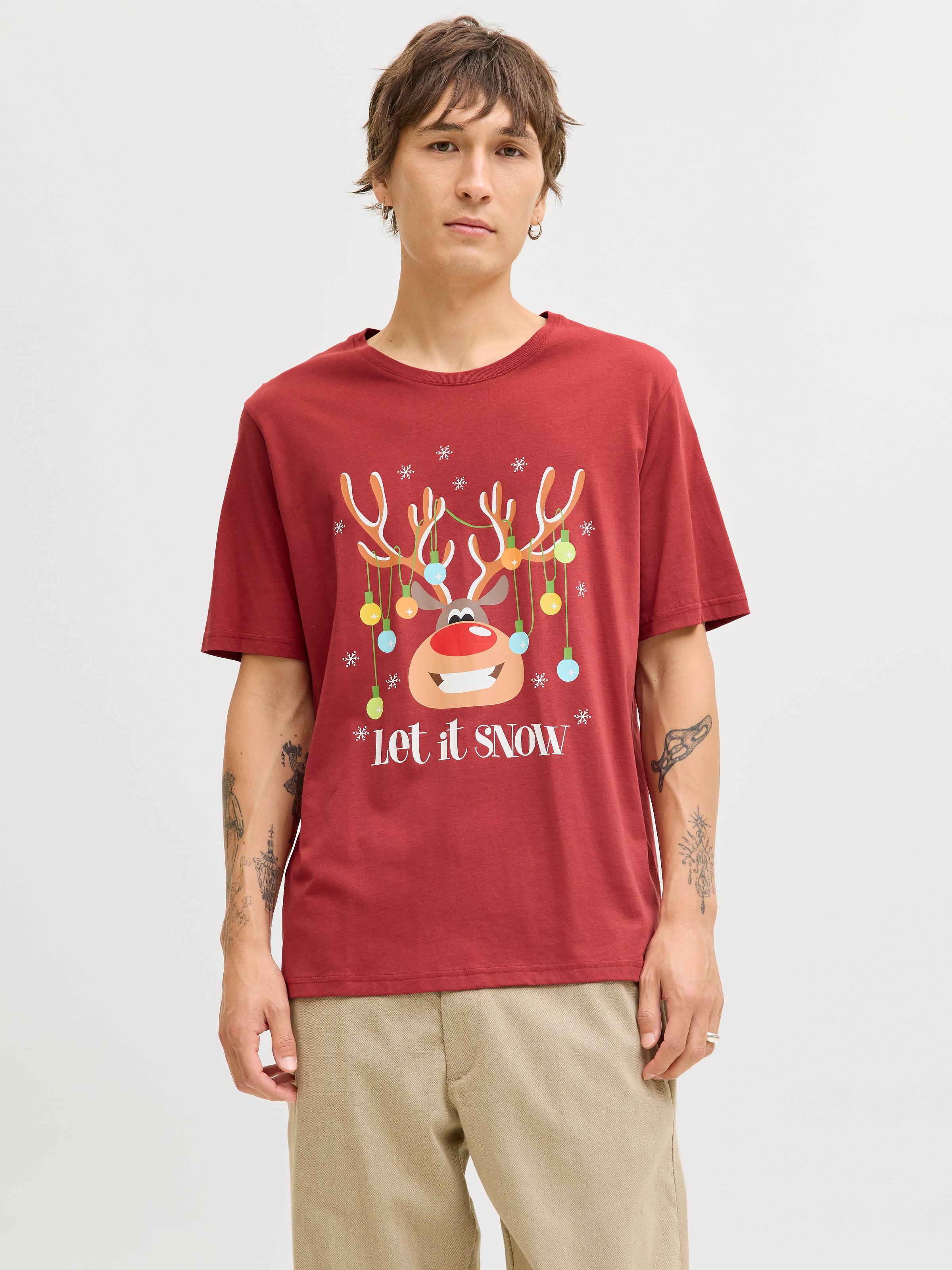 JACK & JONES Herren Rundhalsshirt "JJCHRISTMAS TEE SS CREW NECK XMAS"brick rot, Gr. L, bedruckt, Jersey, Obermaterial: 100% Baumwolle, Shirts, mit