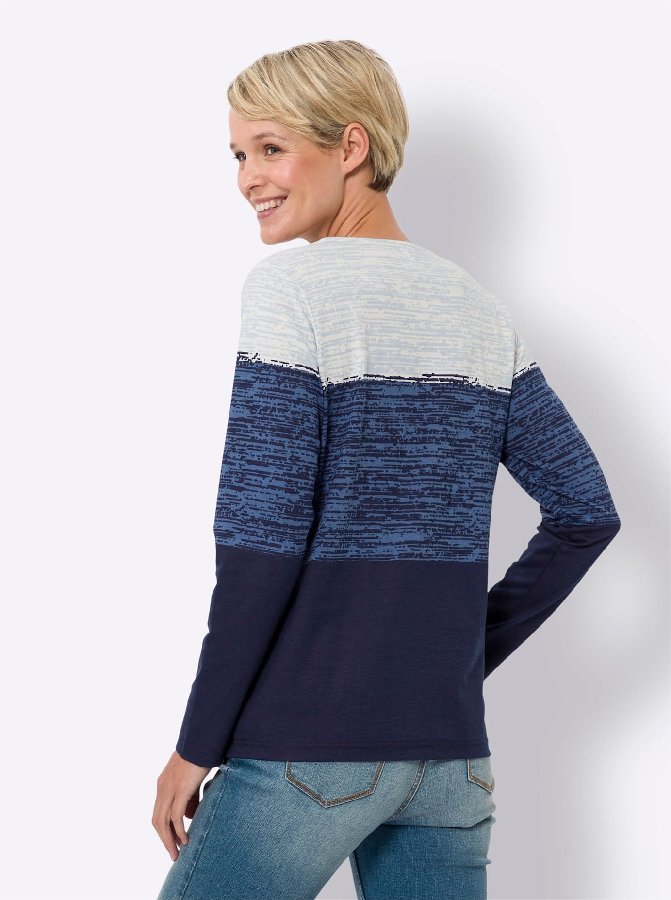 Langarmshirt CLASSIC BASICS "Rundhals-Shirt", Damen, Gr. 42, blau (eisblau, marine, bedruckt), 100% Baumwolle, gemustert, gestreift, mehrfarbig, Rundhals, Shirts Langarmshirt 2
