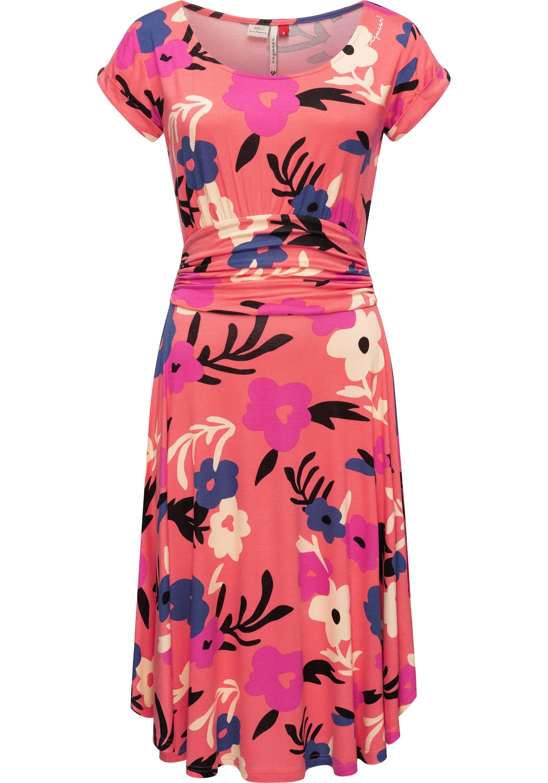 Sommerkleid RAGWEAR "Yvone Flowers", Damen, Gr. XXL (44), Normalgrößen, rot (coral), 95% Viskose, 5% Elasthan, figurumspielend knieumspielend, Rundhals, Ärmel ohne Ärmelschlitz Umschlagbund mit Knöpfen, Kleider Sommerkleid, Leichtes Jersey-Kleid mit Taill
