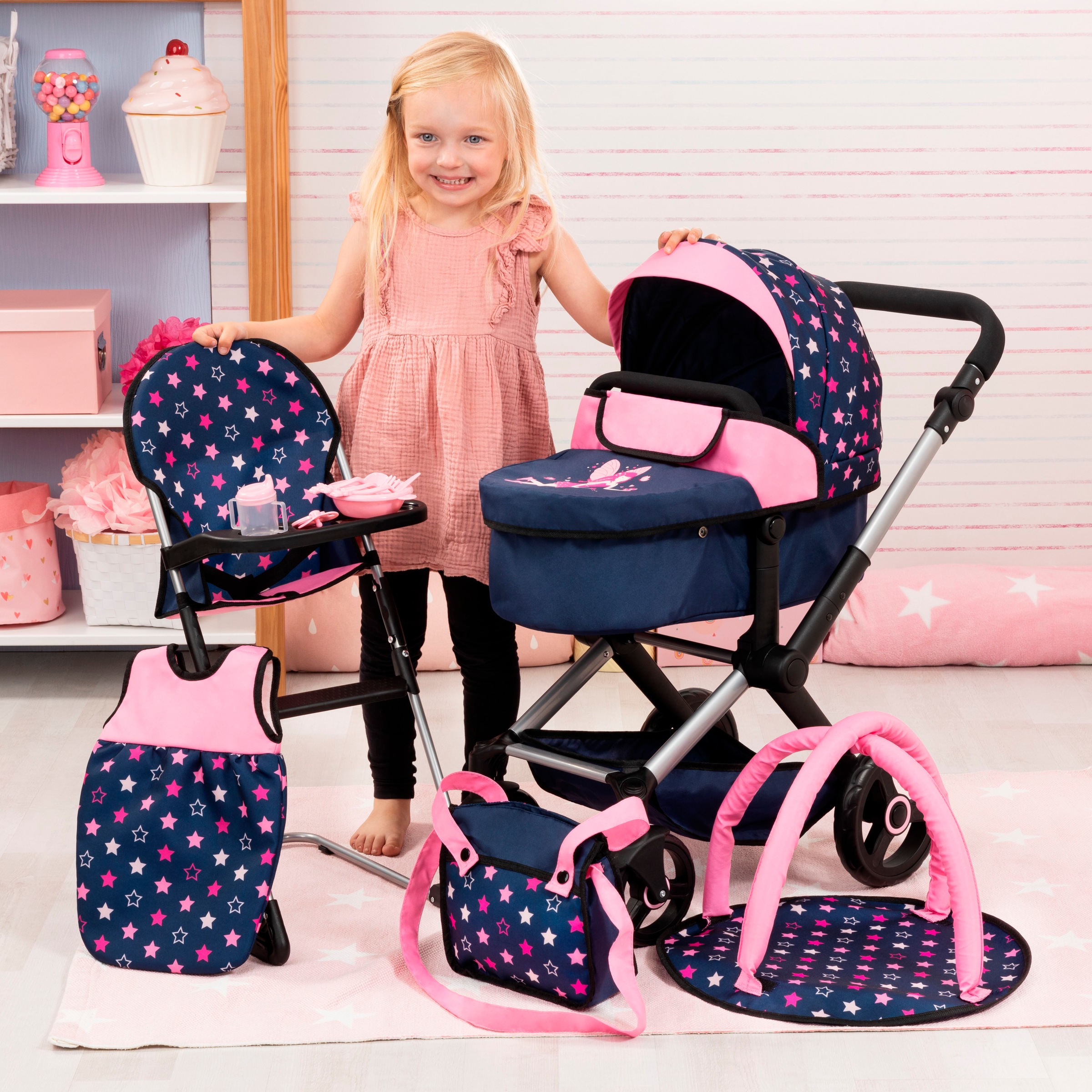 Bayer Kombi-Puppenwagen »Xeo Deluxe, blau/rosa«, (Set)