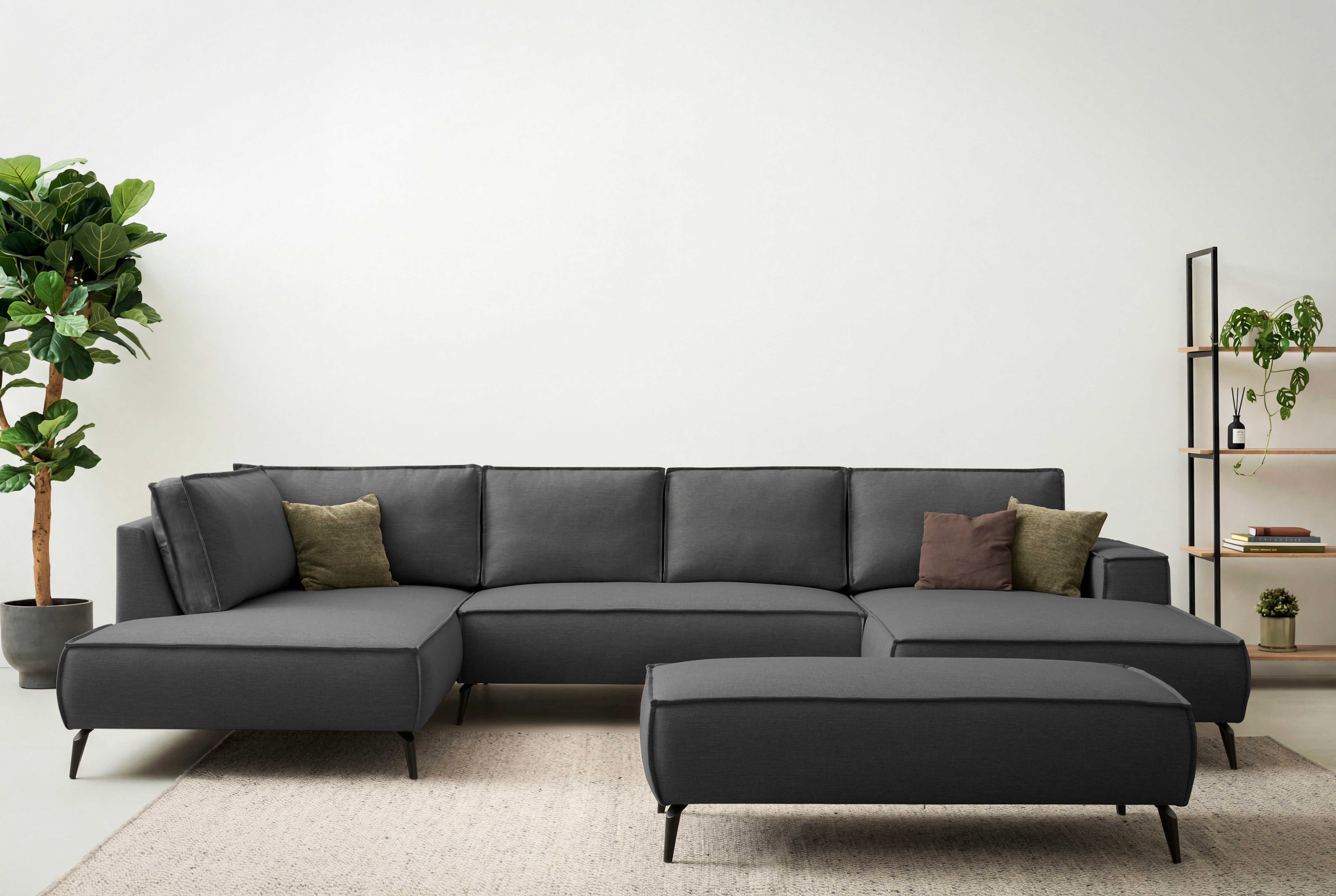 OTTO home Wohnlandschaft "TVINNU Leinenoptik, 354, mit Hocker" Recamiere rechts/links, stellbar zum Schlafsofa (Krokodilverbinder)