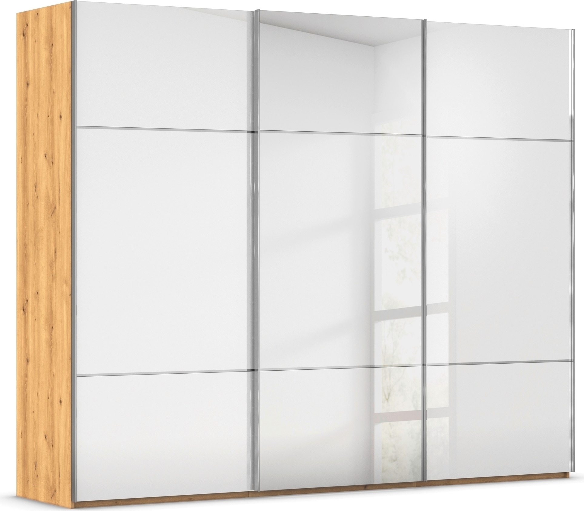 rauch Schwebetürenschrank "Kleiderschrank Schrank Garderobe Schlafzimmerschrank SCALE-TRIO" edle dreigeteilte Front mit 2 Zierleisten Spiegel/Glas MADE IN GERMANY