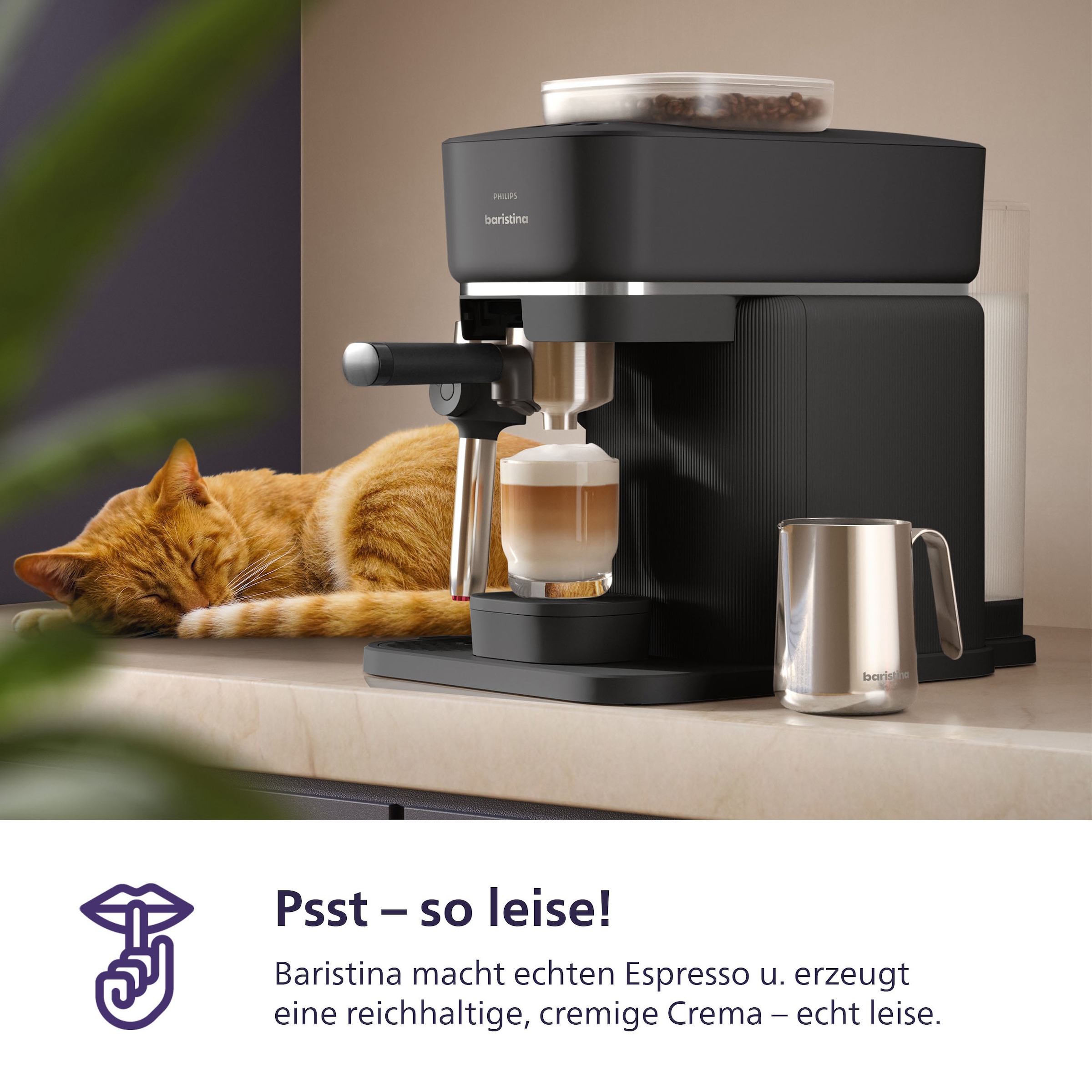 PHILIPS baristina Espressomaschine »Latte BAR400/60 mit Mahlwerk für ganze Bohnen und Milchschaumdüse« 3 Schaumarten, 16 bar Pumpendruck, Schwarzgrau​