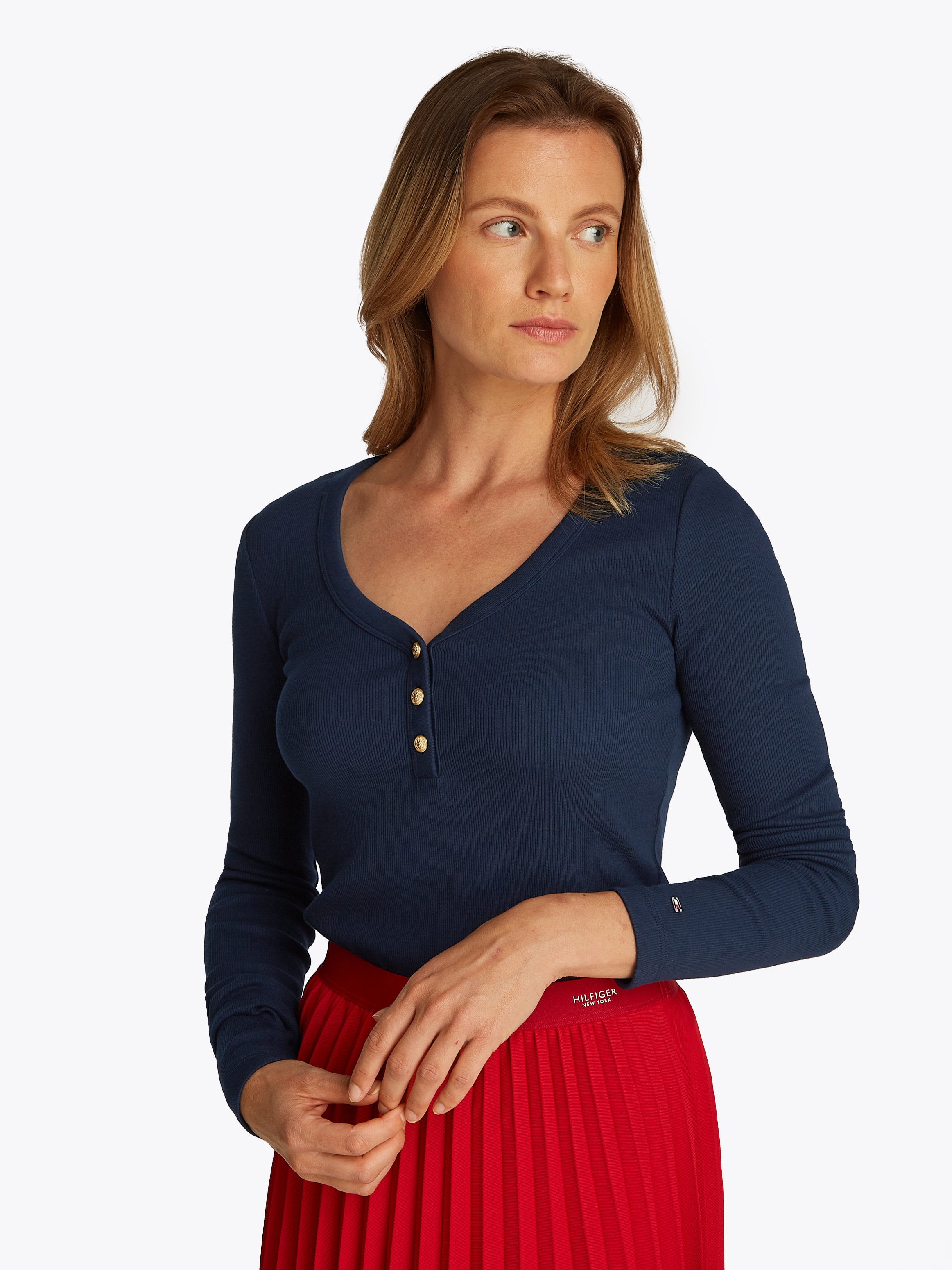 Tommy Hilfiger Langarmshirt »SLIM HENLEY GB SCOOP-NK LS«, mit Rippenstruktur, mit Metalllabel