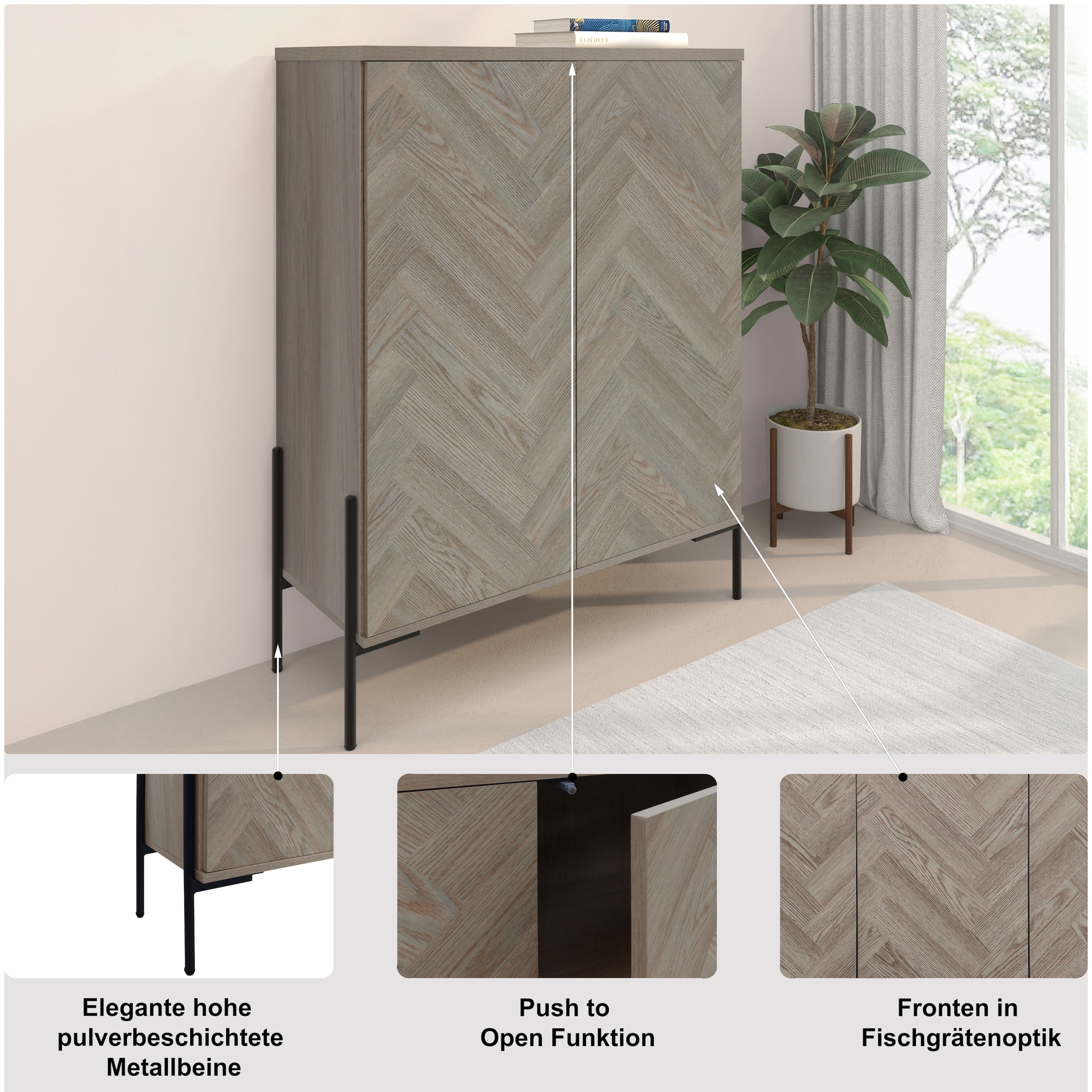 OTTO home Highboard »Eadwine« Kommode, Midischrank, Push-to-open, Türen mit Fischgräten Muster