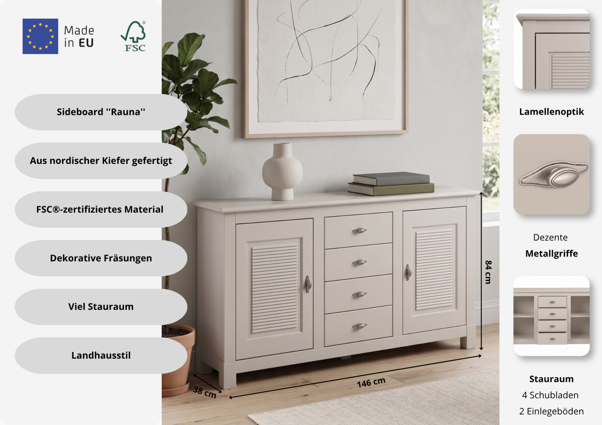 OTTO home Sideboard »Rauna, Kommode, Landhausstil« B/T/H: 150/37/84 cm,  Kommode, FSC®-zertifiziertes Massivholz, Breite 150 cm