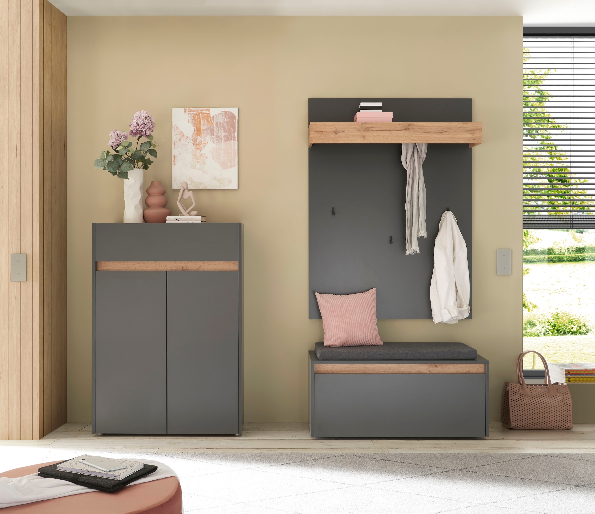INOSIGN Garderoben-Set »City/Giron, moderne Garderobe, viel Stauraum, ca. 24 Schuhe«, (Set, 3 St.), enthält Schuhschrank, Garderobenpaneel & Garderobenbank mit Sitzkissen