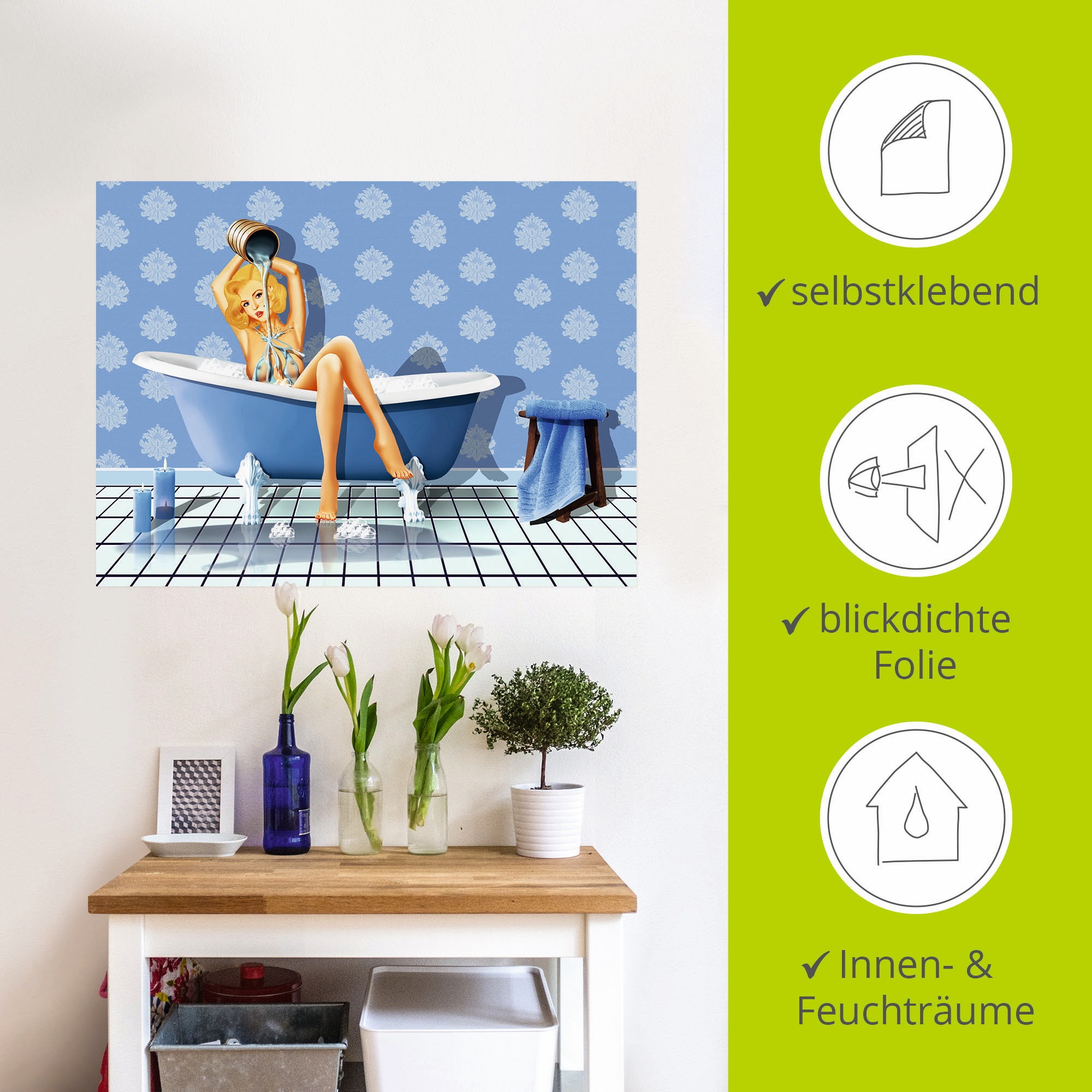 Artland Wandbild »Das sexy blaue Badezimmer«, Frau, (1 St.), als Leinwandbild, Poster, Wandaufkleber in verschied. Größen