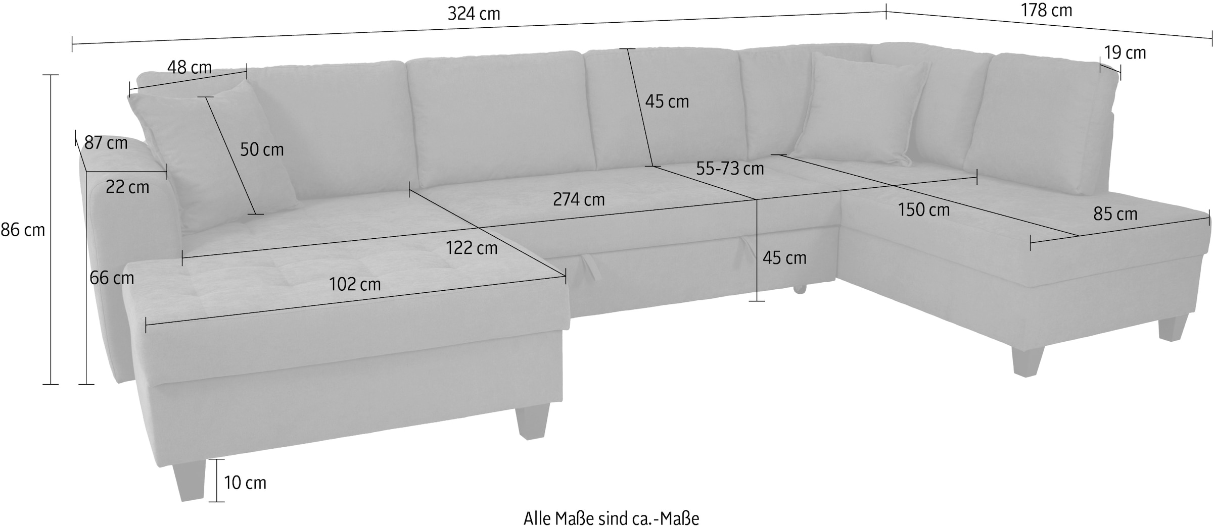 Trends by HG Wohnlandschaft »Moritz, U-Form« inkl. Bettfunktion und Bettkasten, inkl. 2 Zierkissen