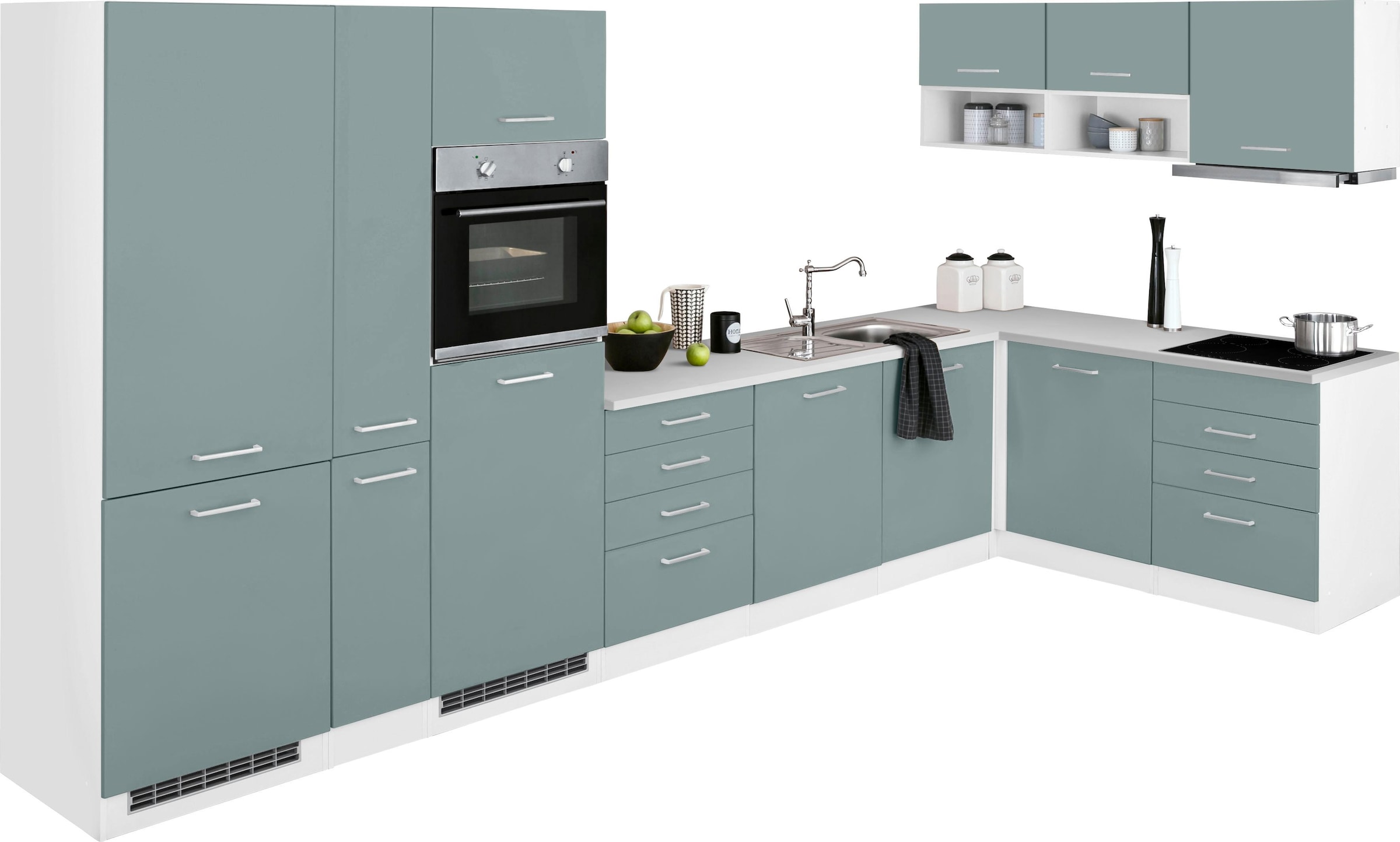 Winkelküche »Visby«, mit E-Geräte, 390x180 cm, inkl. Kühl/Gefrierkombi und Geschirrspüler