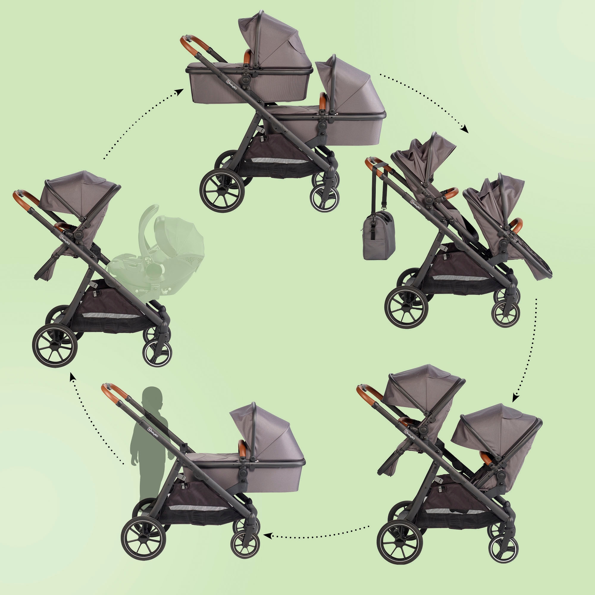 BabyGo Zwillingswagen »Duo«, inklusive Babywannen, Babyschalen, Regebezüge & Wickeltasche