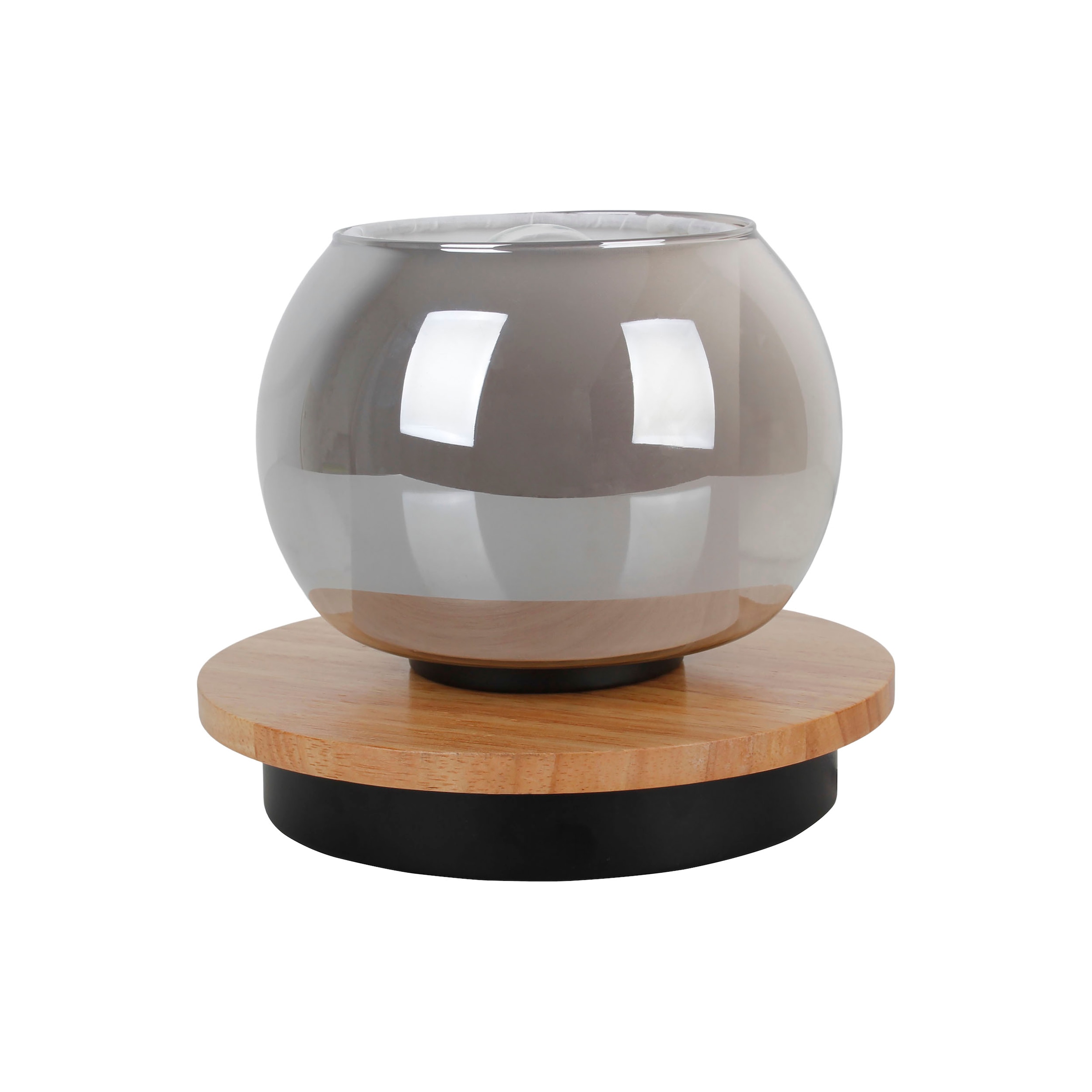 näve Tischleuchte »Texas« E27 1 Stk. Glasschirm smokey, naturfarbenes Holzdetail, 1x E27 exkl., D: 18cm