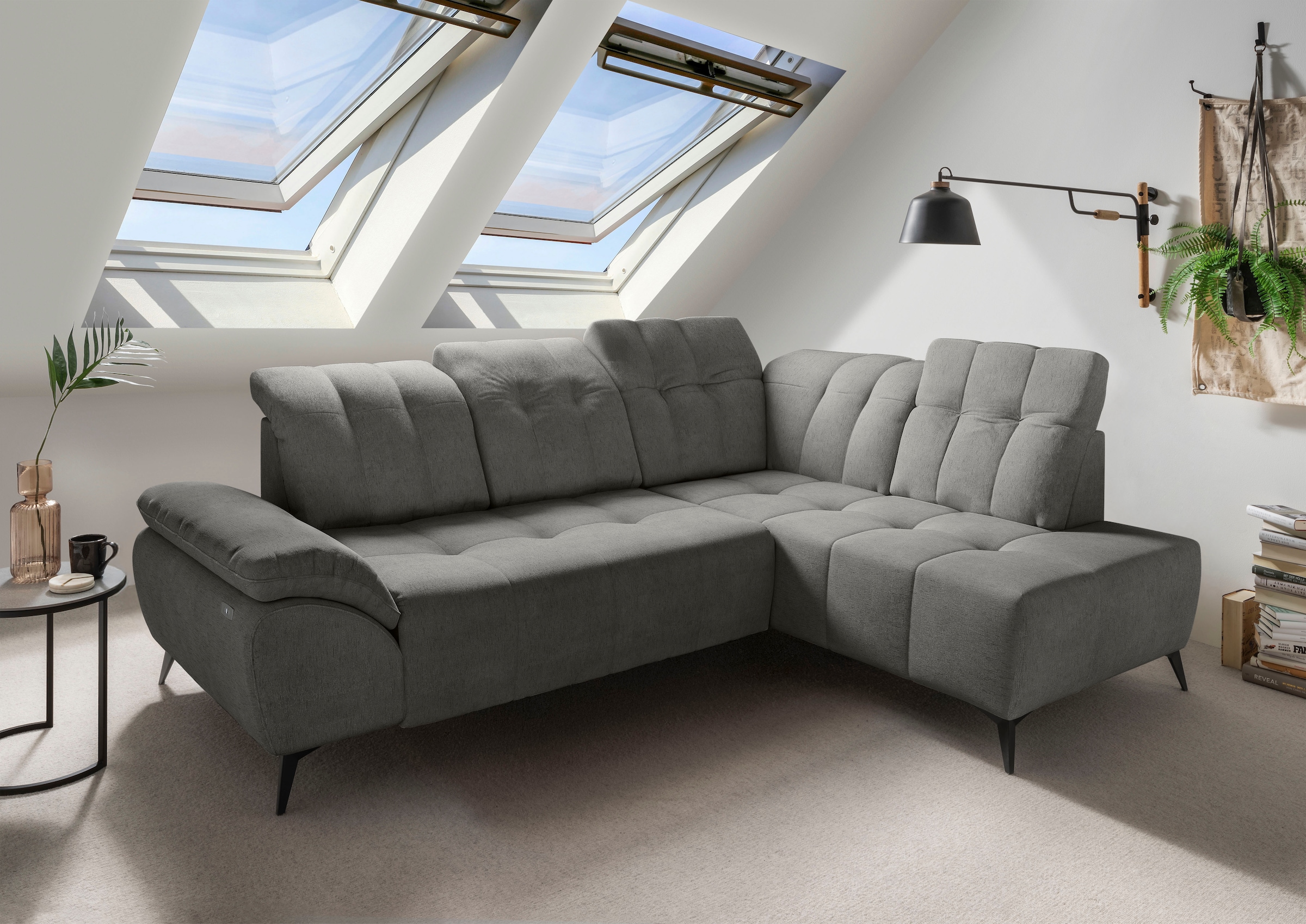 Home affaire Ecksofa "Fiore modern, bequeme Armlehne, tolle Detailverarbeitung, L-Form" elektrischer Sitzvorschub und Kopfstützen höhenverstellbar