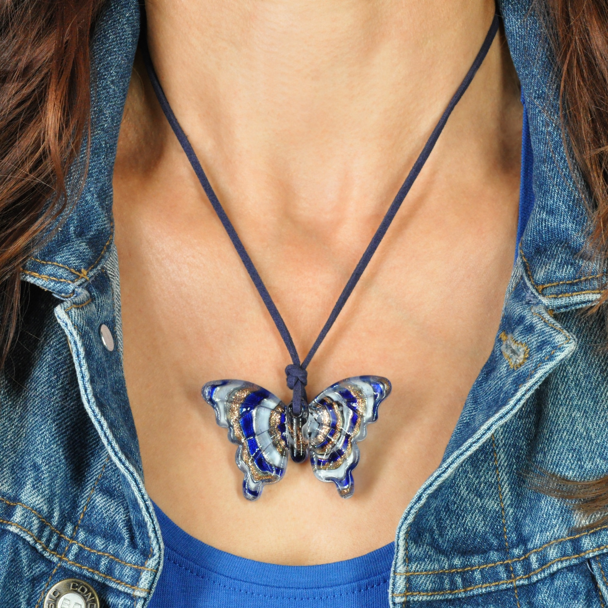 Steuer Kette mit Anhänger »blaues Textilband mit Schmetterling aus Glas«