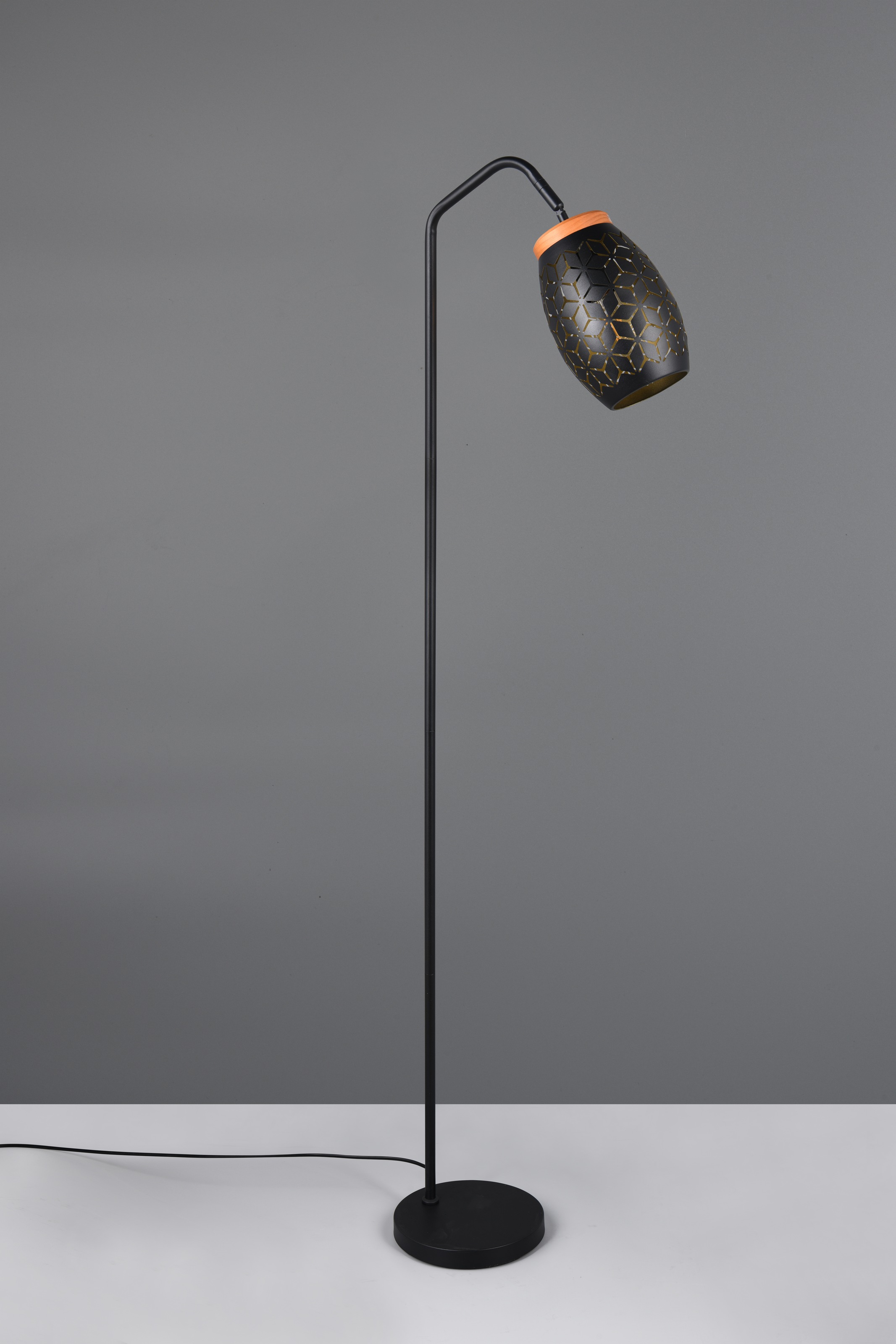 REALITY Leuchten Stehlampe »BIDAR, Stehleuchte Höhe 147 cm mit Fußschalter, exkl 1x E27 max 10W«, 1 flammig, Leuchtmittel E27 | Leuchtmittel wechselbar, Metall-Lampenschirm mit Lasercut Muster und Holz-Dekoelement