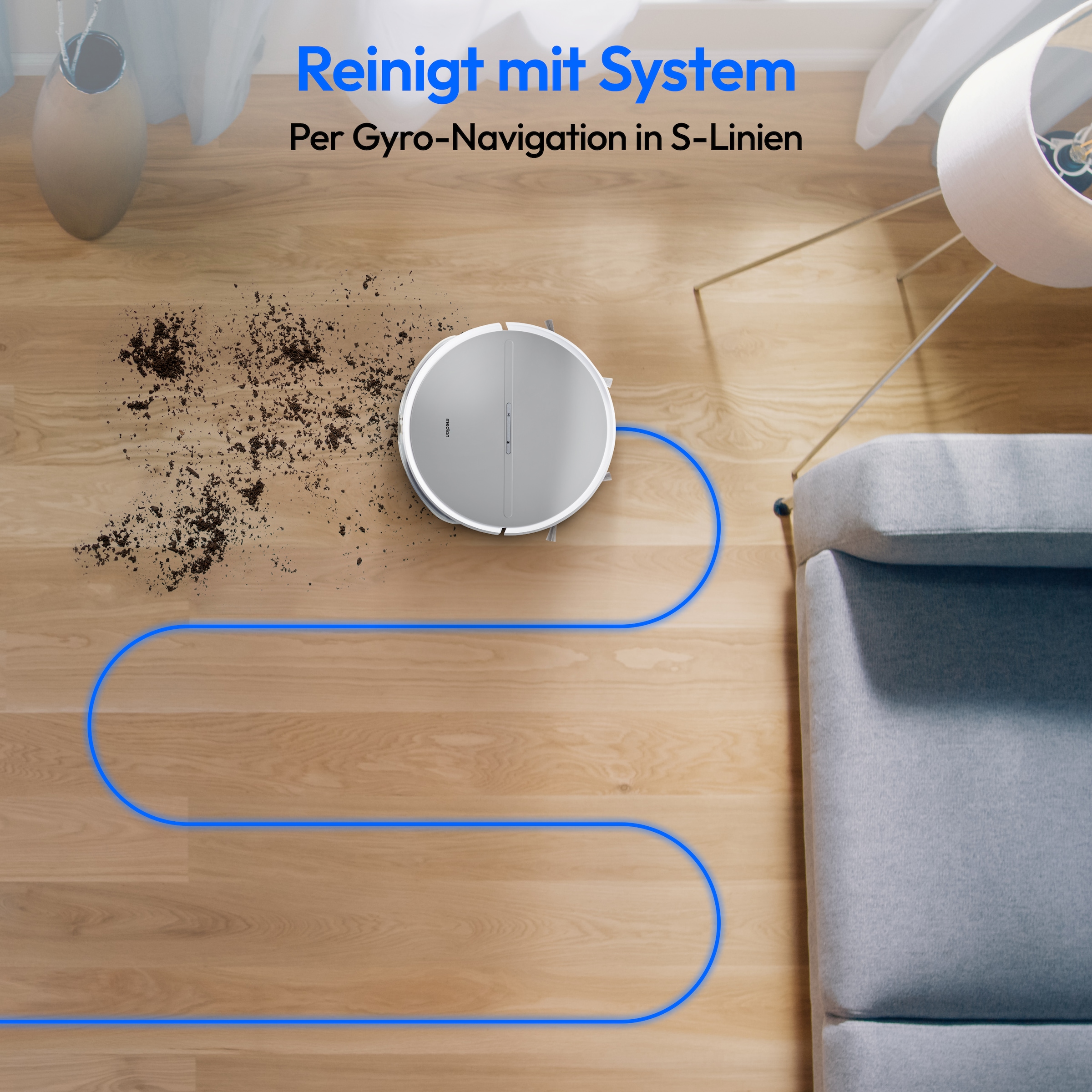 Medion® Saugroboter »E35 SW (MD 18035), Gyro-Navigation in S-Linien, 2 kPa Saugleistung«, Wischfunktion, 120 min Laufzeit, integriertes Zubehör