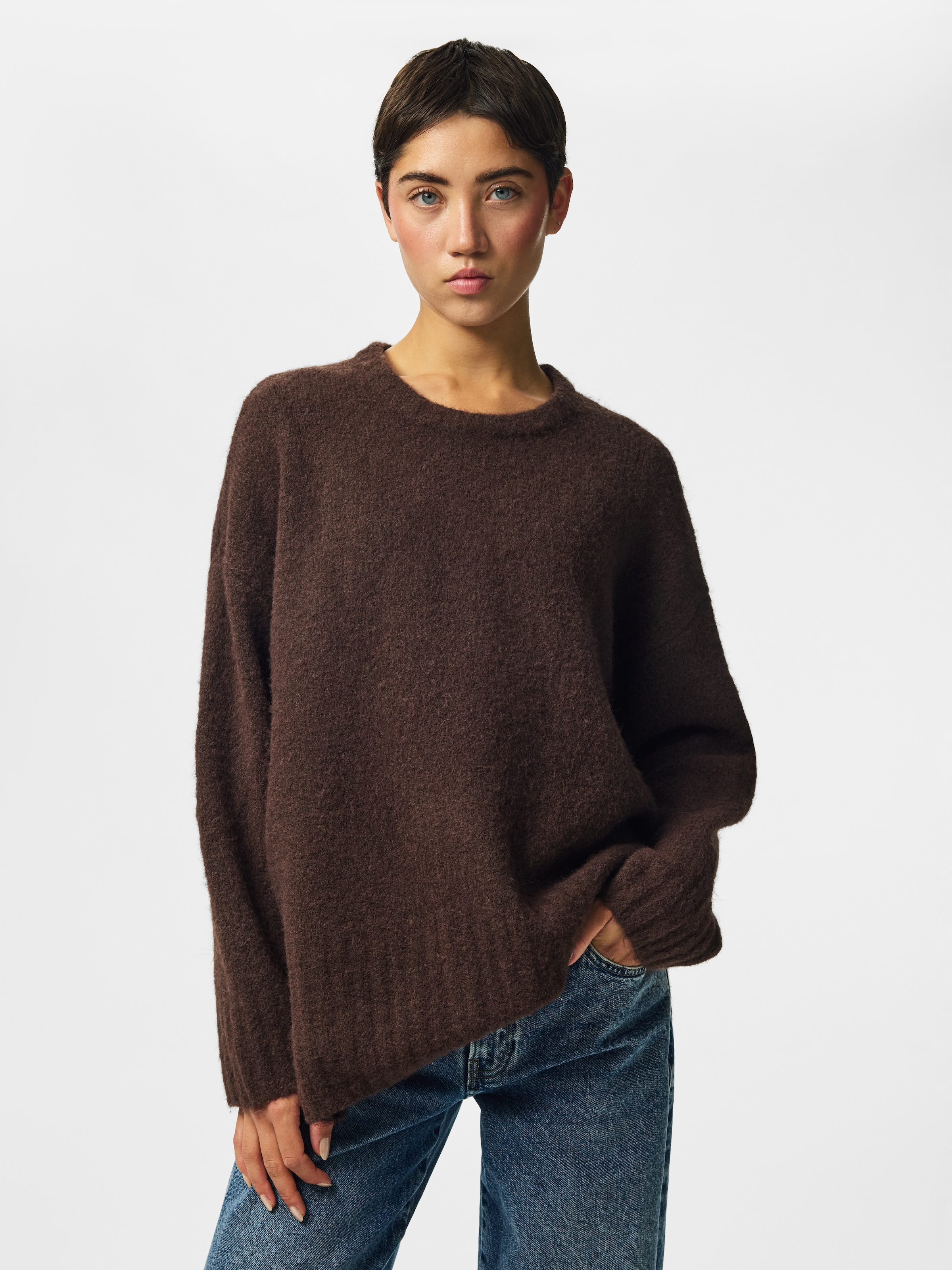 pieces Strickpullover »PCTINA LS O-NECK KNIT NOOS« Materialmix