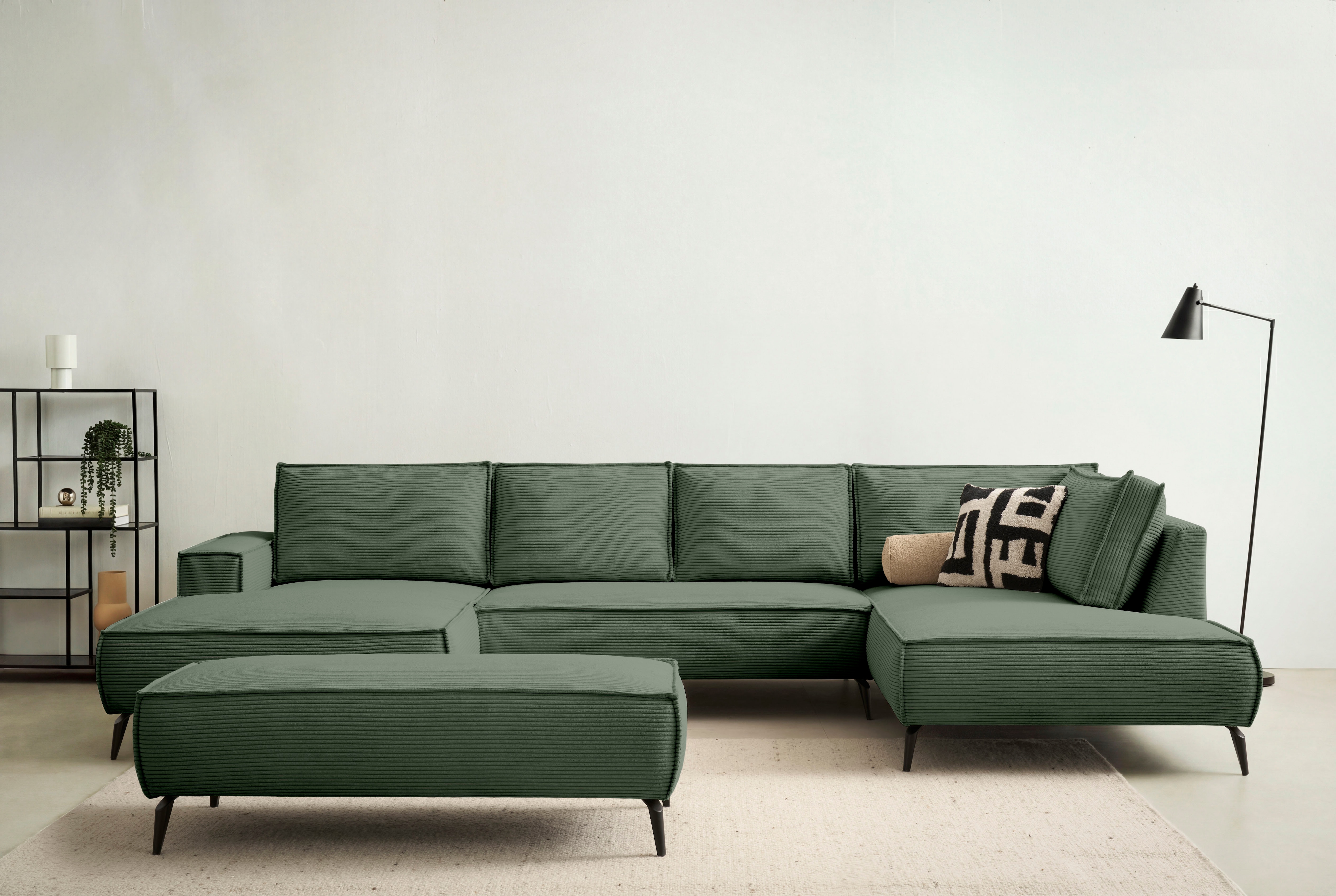 OTTO home Wohnlandschaft "TVINNU Cord, 354 cm, mit Hocker" Recamiere rechts/links, stellbar zum Schlafsofa (Krokodilverbinder)