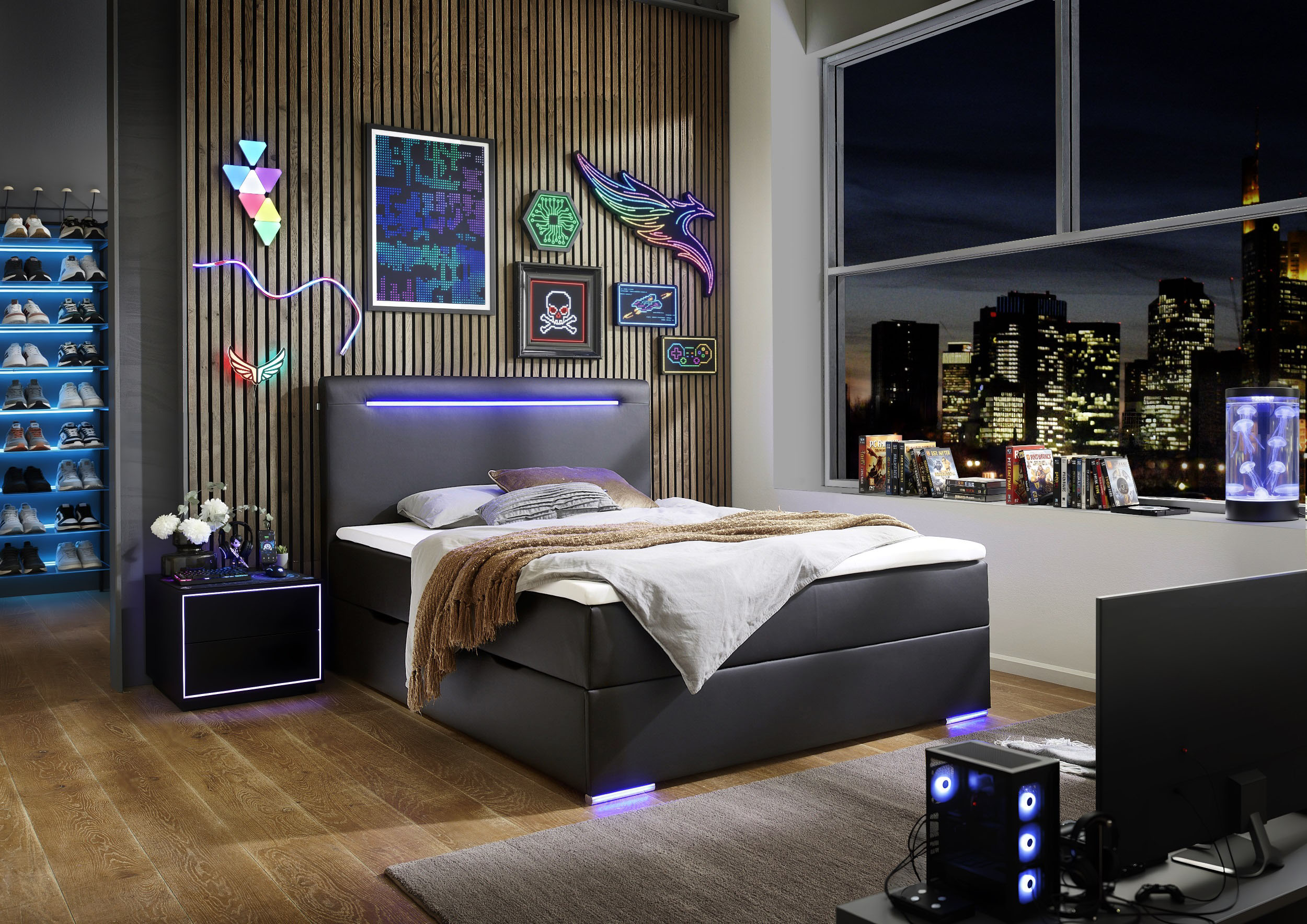 meise.möbel Boxbett "CANDELA, Polsterbett mit Bettkasten, inkl. Taschenfederkernmatratze H3" mit Kaltschaum-Topper & LED-Beleuchtung, Liegefläche 140x200 cm