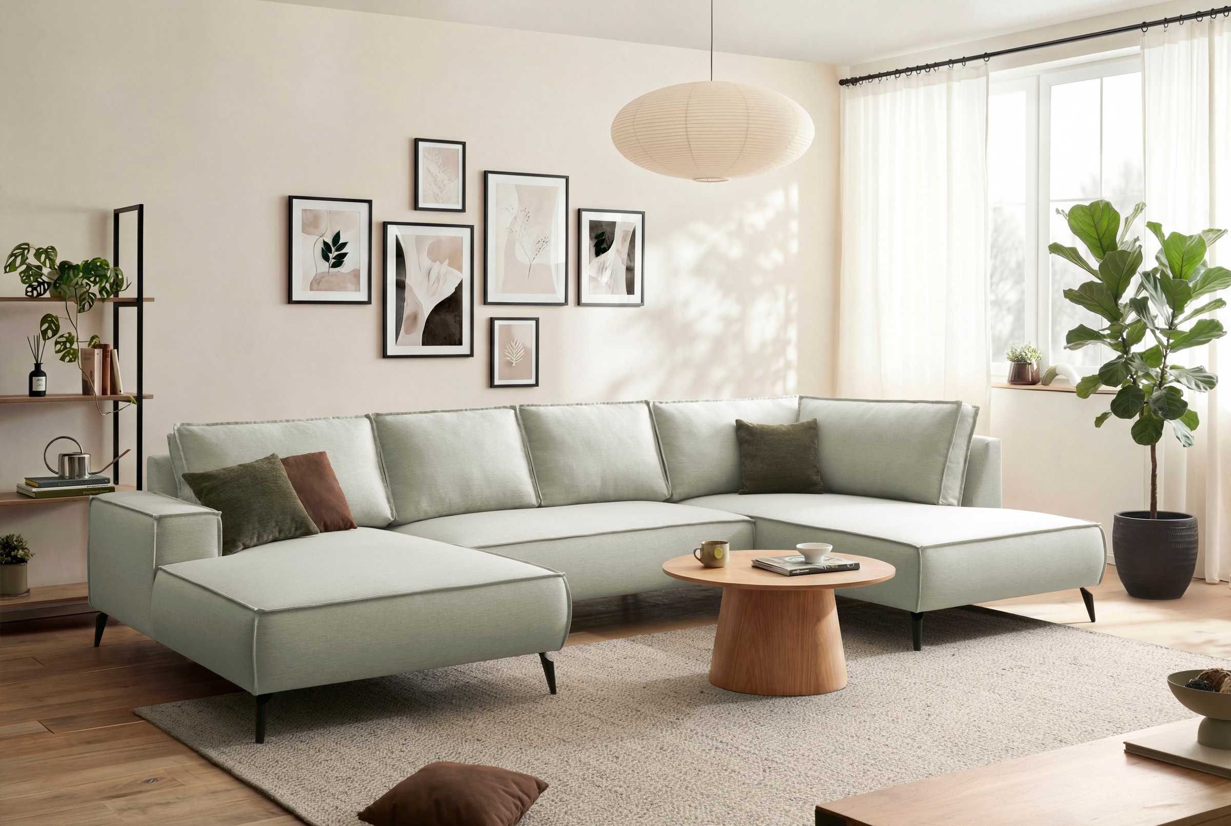 Wohnlandschaft HOME AFFAIRE "Tvinnu, moderne U-Form, Couch in Cord oder Webstoff in Leinenoptik", hellgrün, B:354cm H:83cm T:193cm, Sofas, Wohnlandschaft, Recamiere rechts/links, schwarze Metallfüße, bequeme Sitz-/Liegefläche