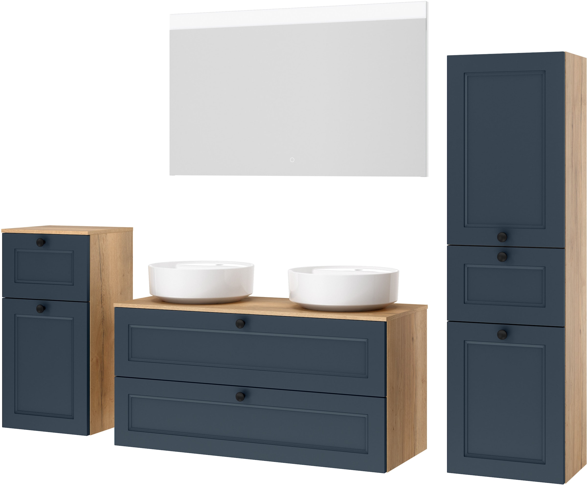 nobilia® Badmöbel-Set »Cascada« Set, inkl.  2 Aufsatzwaschbecken und beleuchtetem  Spiegel mit Touch-Sensor, 6 Stk. tlg.