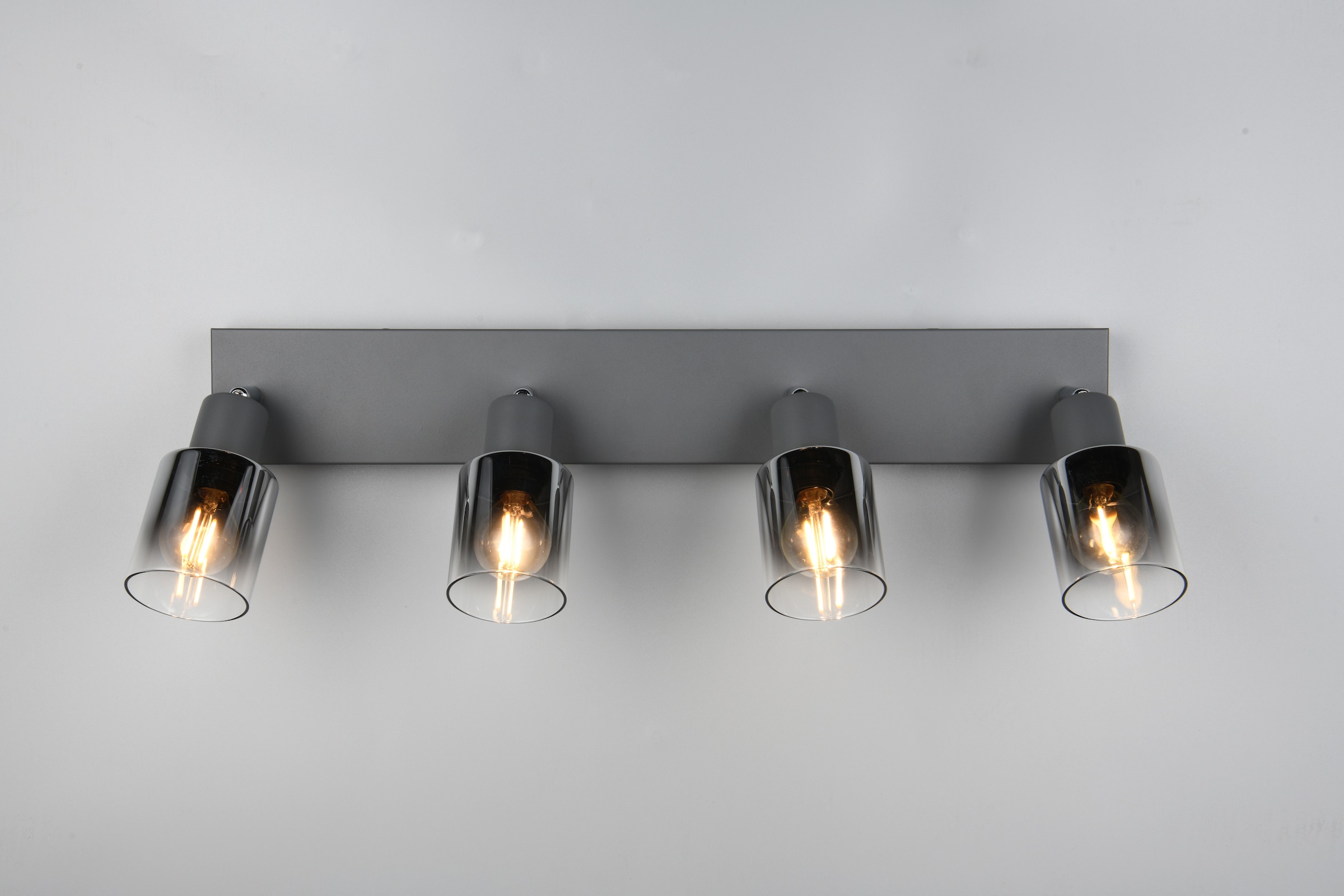 REALITY Leuchten Deckenstrahler »CADIZ, Spot 4-flammig, exkl 4xE14 max 10W, Glas anthrazit, verspiegelt«, 4 flammig, Leuchtmittel E14 | Leuchtmittel wechselbar, verstellbarer Deckenspot E14 Fassung, mit Glasschirm smoke Farbverlauf