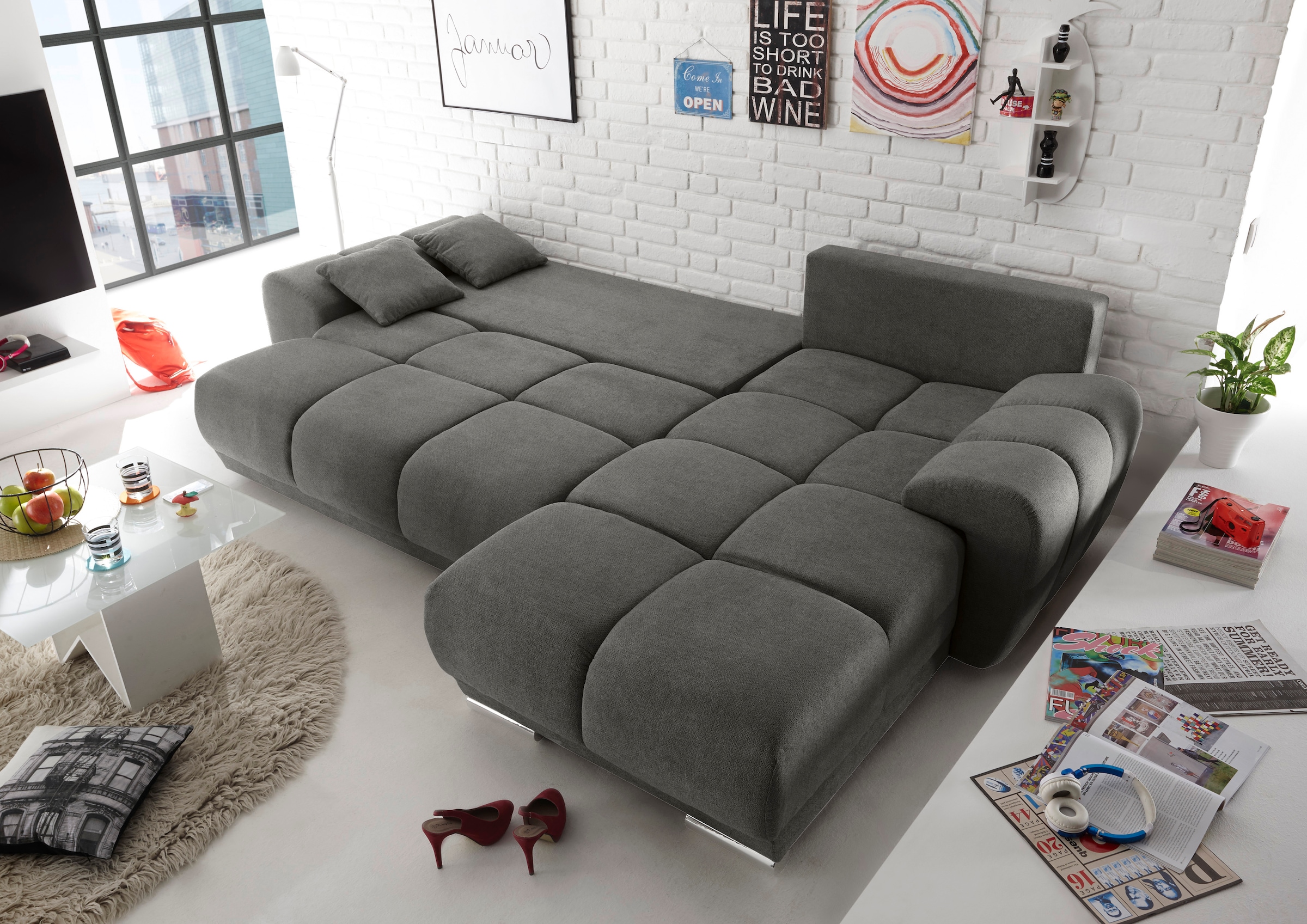 ED EXCITING DESIGN Ecksofa "Anton L-Form" mit Bettfunktion, Bettkasten & 2 günstig online kaufen