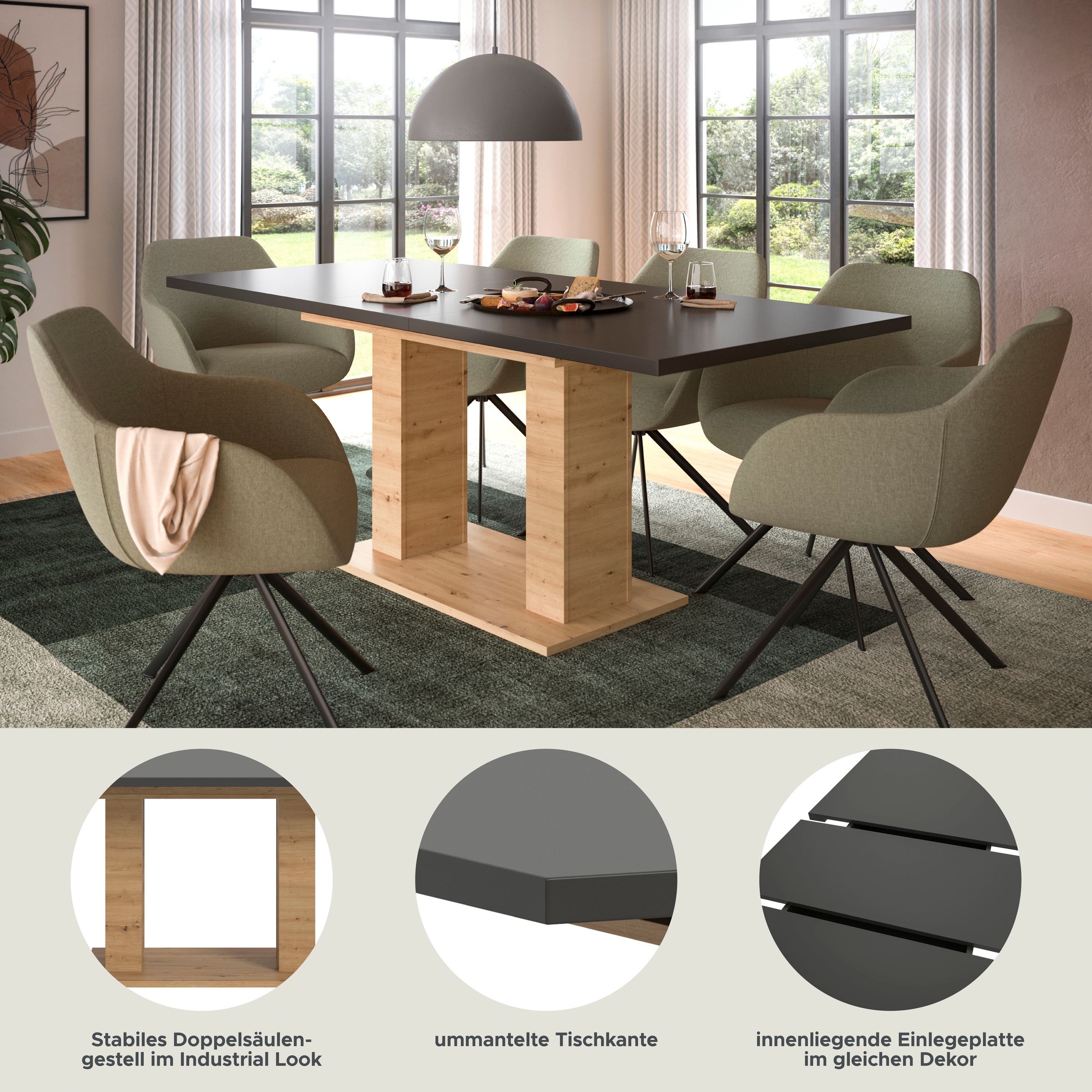 Thumbnail - Home affaire Esstisch "Motus, ausziehbar 150 -190 cm, inklusive 40 cm Einlegeplatte" Set, 1 Stk. tlg. Doppelsäulengestel...