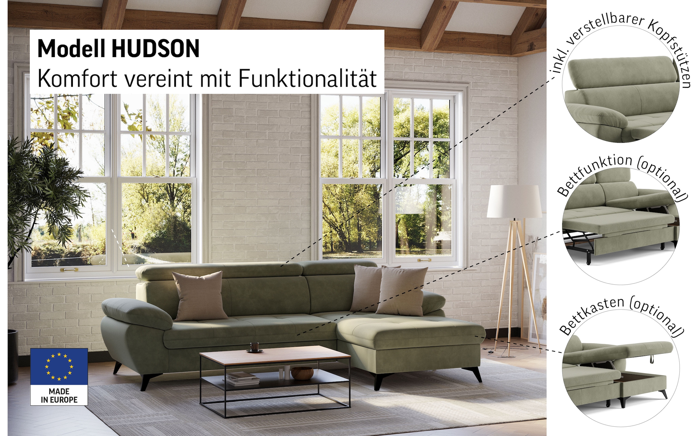 COTTA Ecksofa »Hudson L-Form«, mit Kopfteilverstellung, wahlweise mit Bettfunktion & Bettkasten
