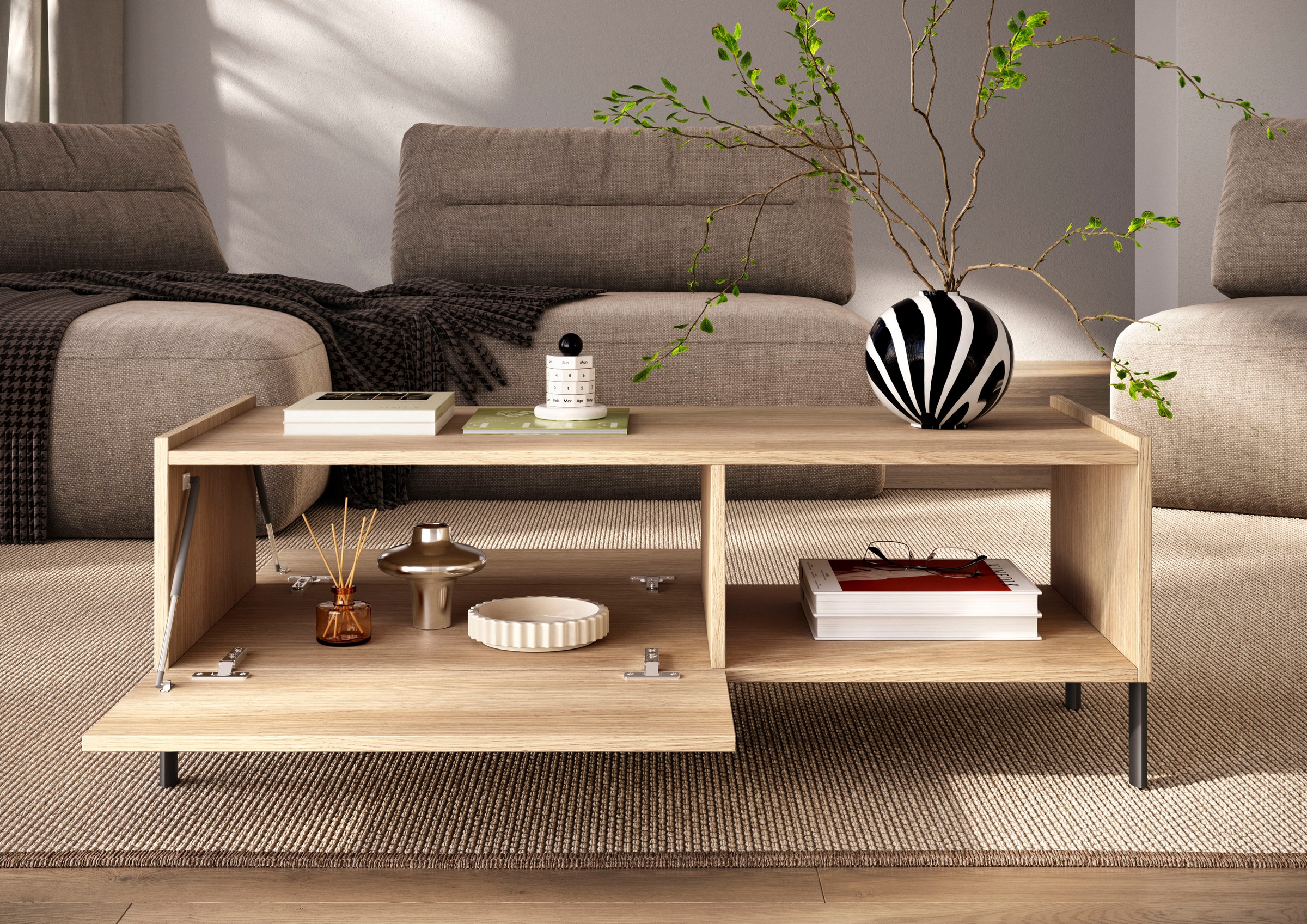 OTTO home Couchtisch »Badia 110x50 cm Korpus-Couchtisch, 2 Klappen, offenes Fach« Rechteckiger Wohnzimmertisch mit flexiblem Stauraum & Metallfüßen