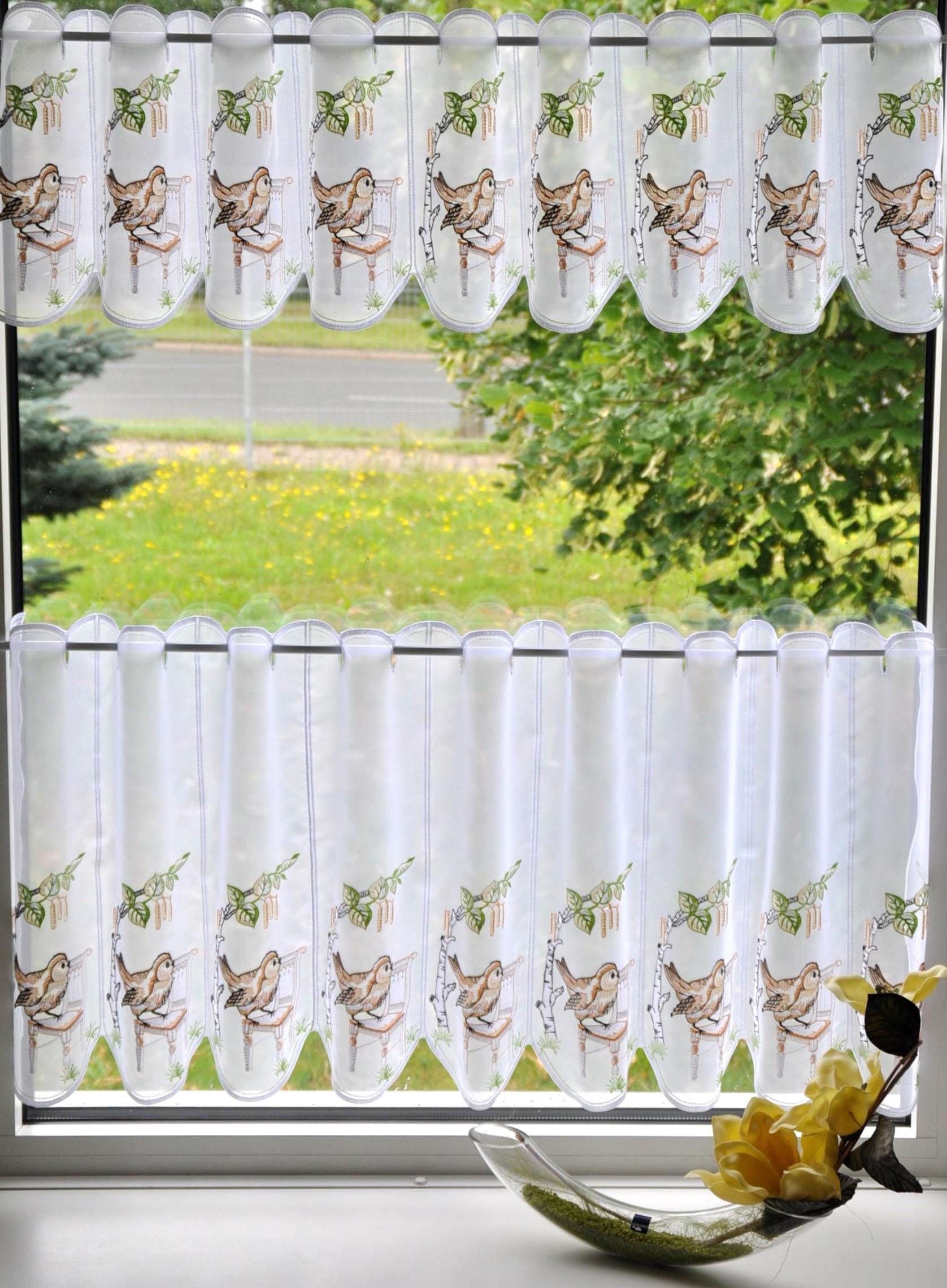 Stickereien Plauen Scheibengardine "Vöglein auf Stuhl" Stangendurchzug 1 St günstig online kaufen