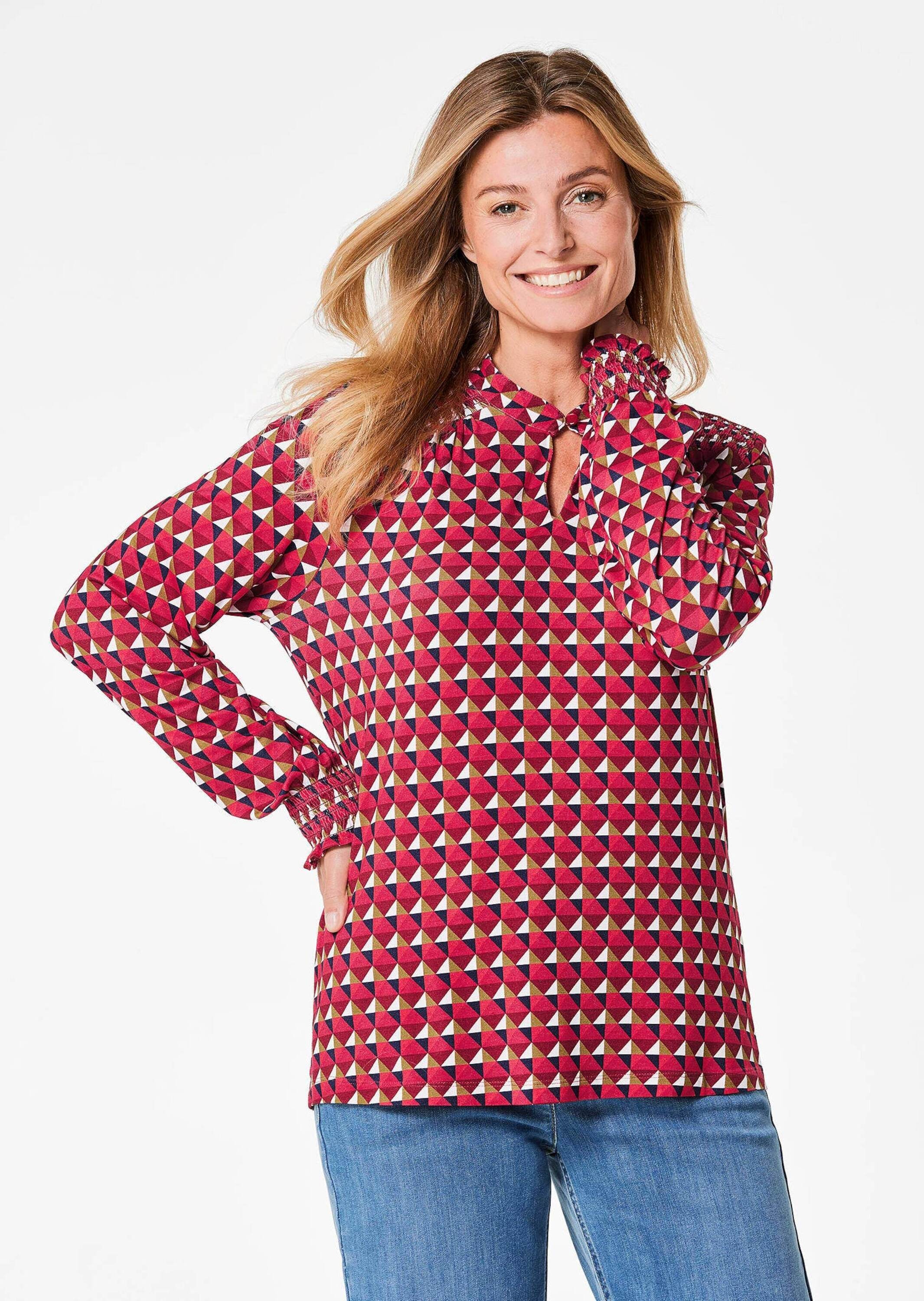 GOLDNER Langarmbluse »Kurzgröße Jerseybluse mit modischen Smok-Details«