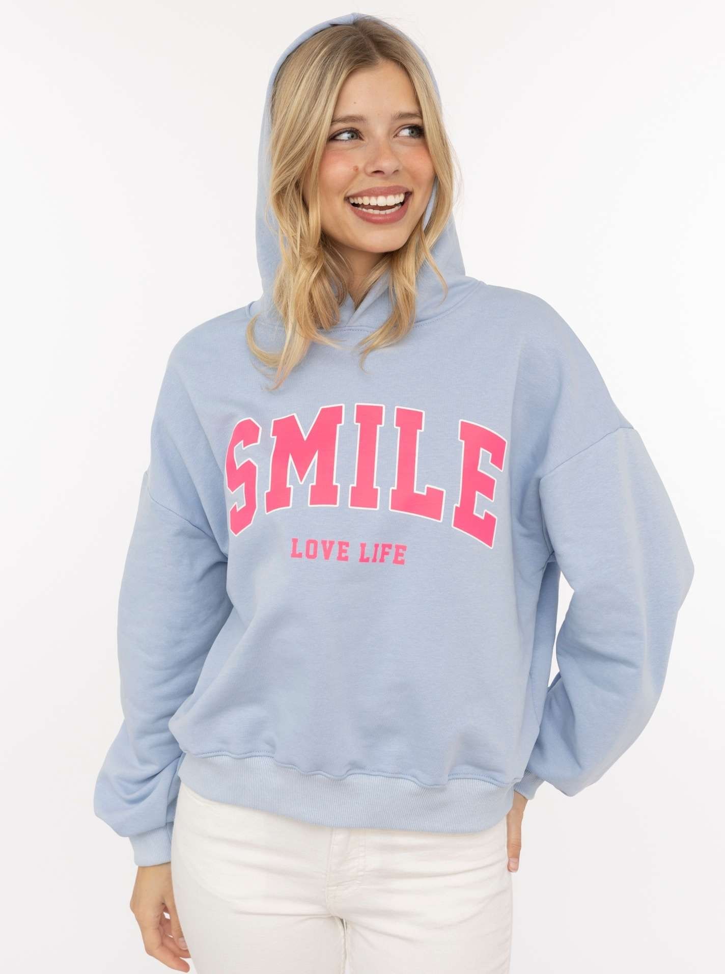 Zwillingsherz Hoodie ""Smile"", Kapuze, lange Ärmel, elastische Bündchen, großer Neon-Print