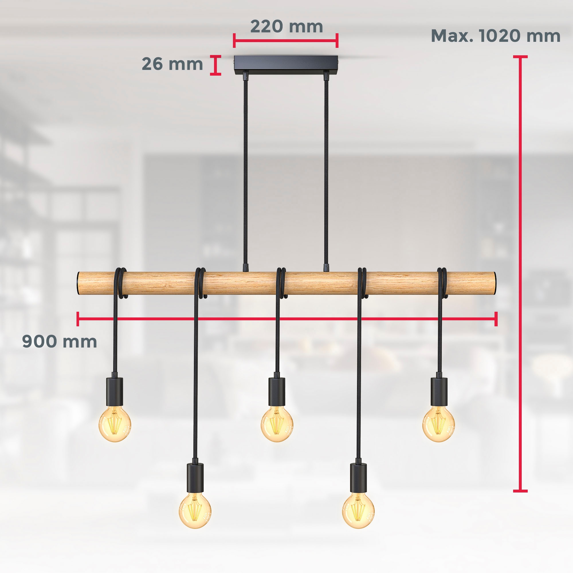 B.K.Licht Pendelleuchte »BK_PL1339 Holz-Pendellampe, Schwarz matt, Hängelampe Esstisch«, 5 flammig, Leuchtmittel E27 | ohne Leuchtmittel, 5-flammig, E27-Fassung, ohne Leuchtmittel (max. 60W), L: 90cm