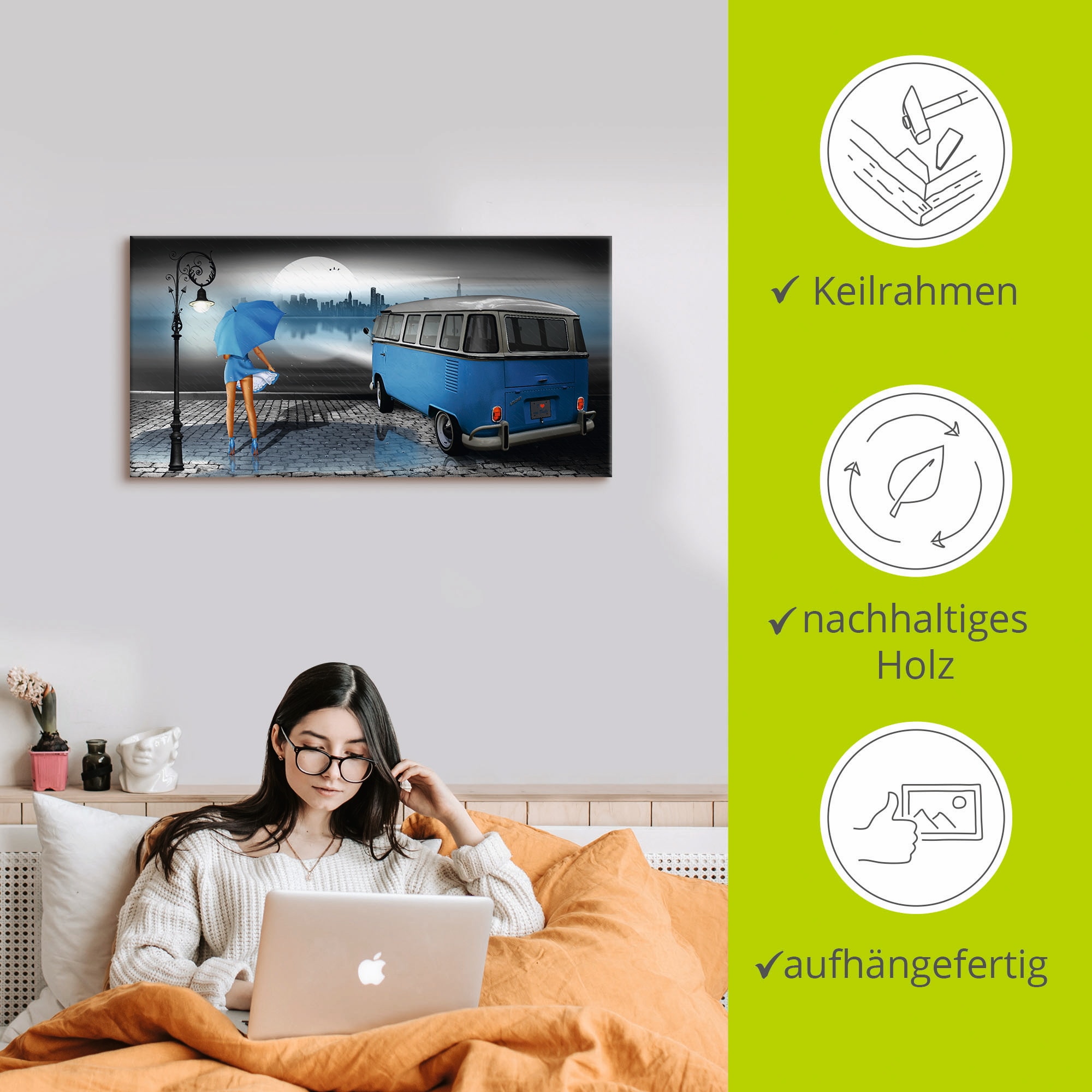 Artland Wandbild »Regennacht in Blau mit Bulli T1«, Auto, (1 St.), als Leinwandbild, Poster, Wandaufkleber in verschied. Größen