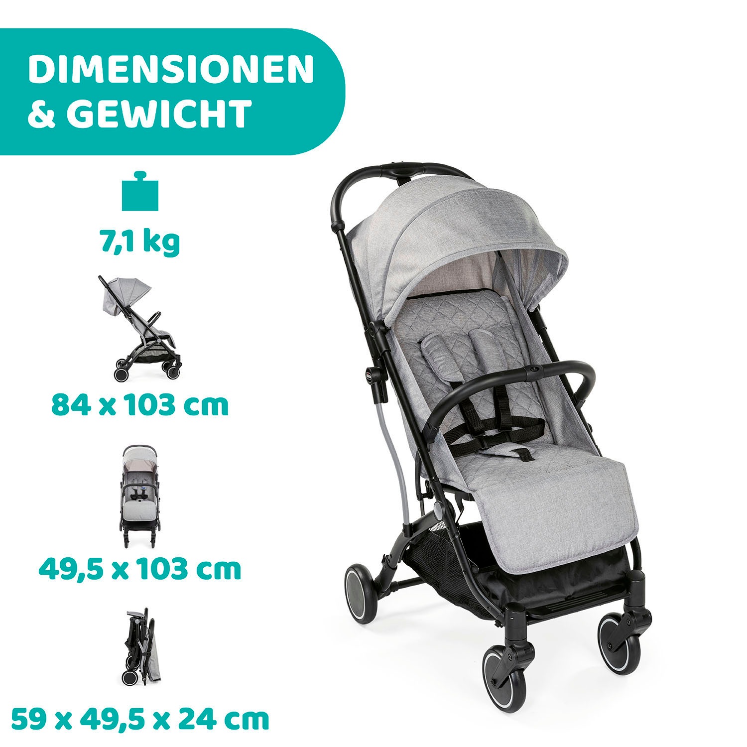 Chicco Sportbuggy »TROLLEYme, Light Grey«, 15 kg, mit Trolleyfunktion, Sport-Kinderwagen