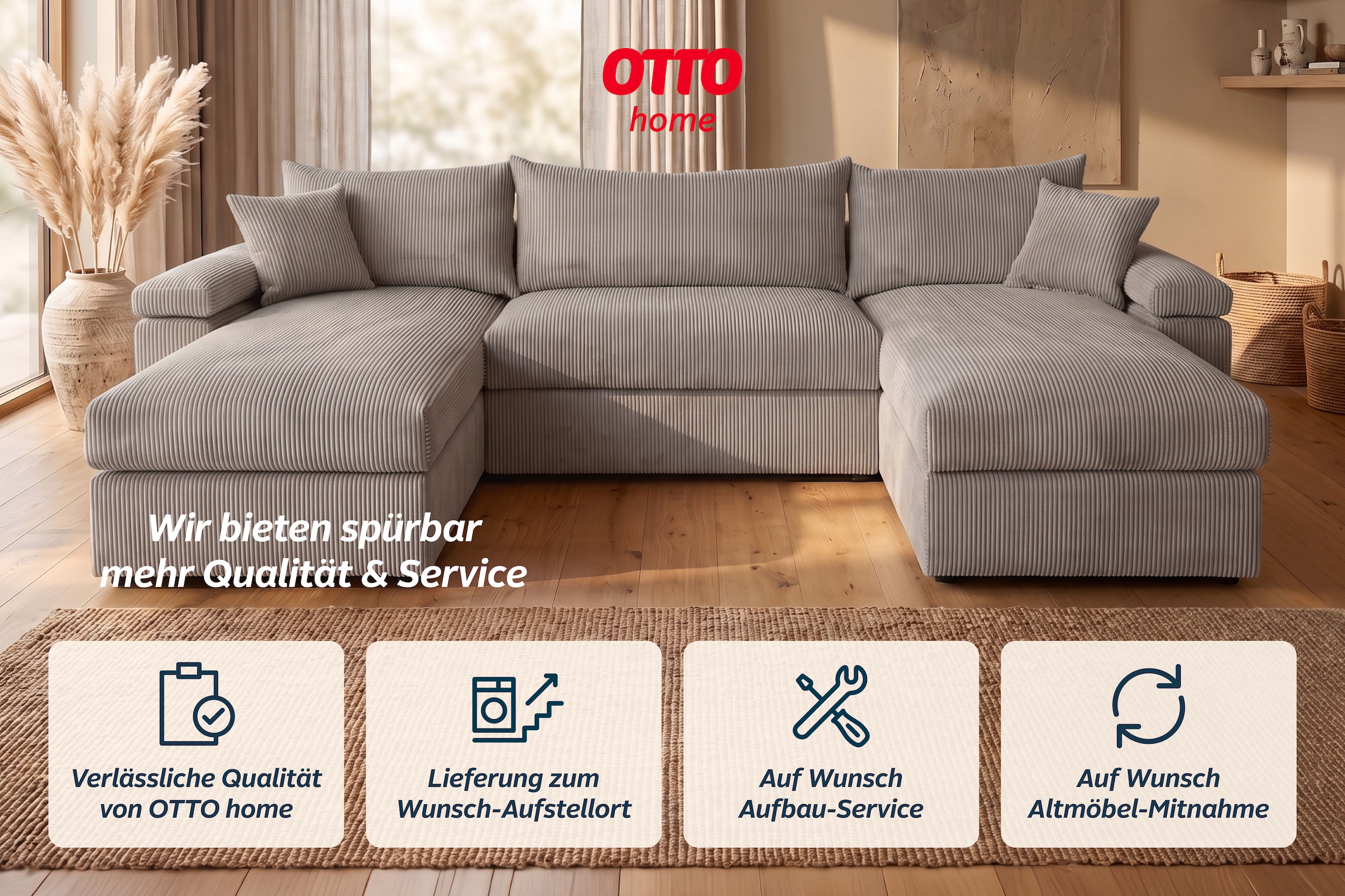 OTTO home Wohnlandschaft »Cosy U-Form, B: 309 cm, XXL-Wohnlandschaft mit Federkern« 2 Zierkissen, Mega-Sofa, Cord oder Struktur weich, Kaltschaumauflage
