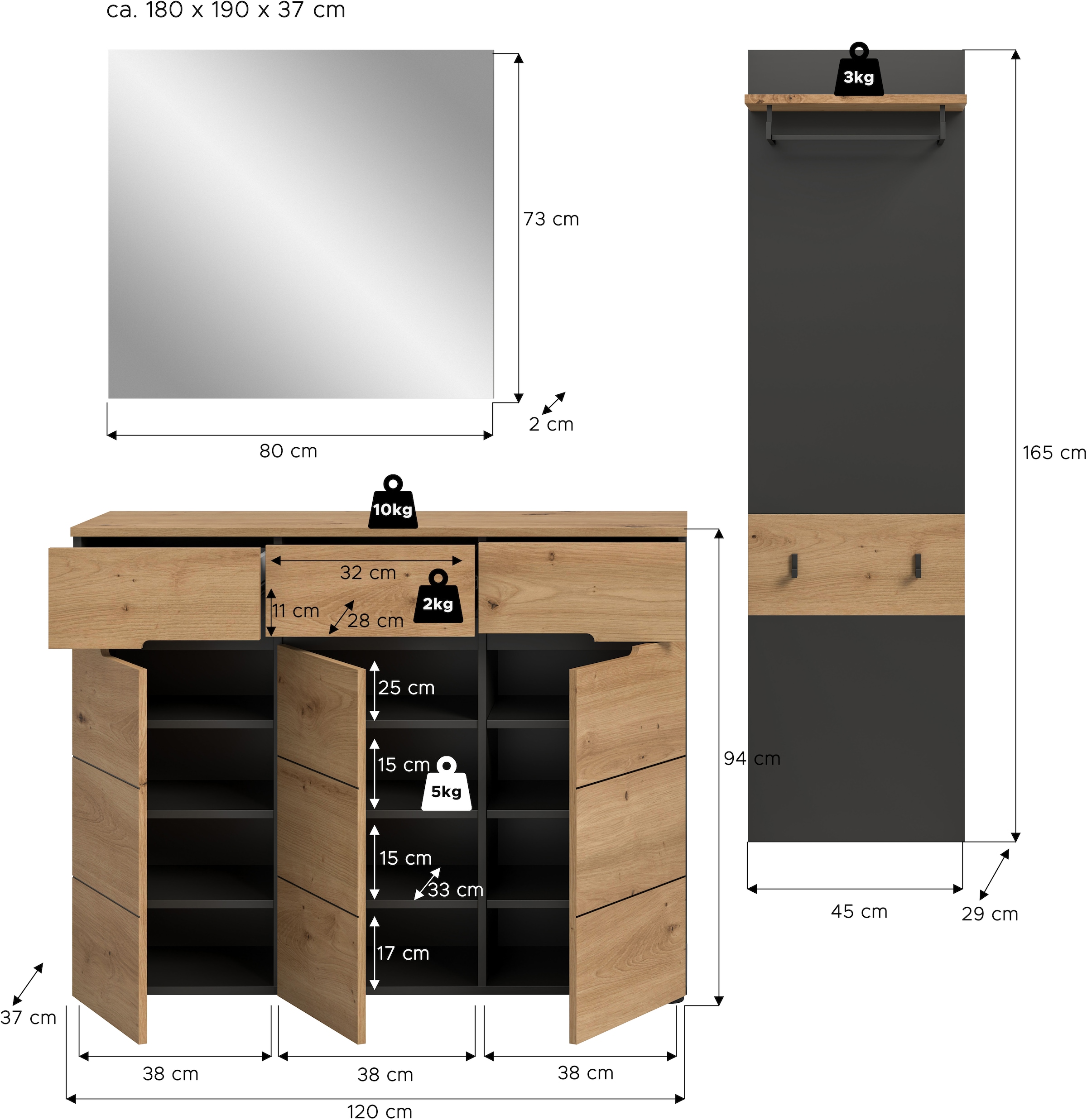 INOSIGN Garderoben-Set, (Set, 3 St., bestehend aus: Kommode, Spiegel und Garderobenpaneel), Garderobenkombination, Kombination, Set, Flurgarderobe, Diele